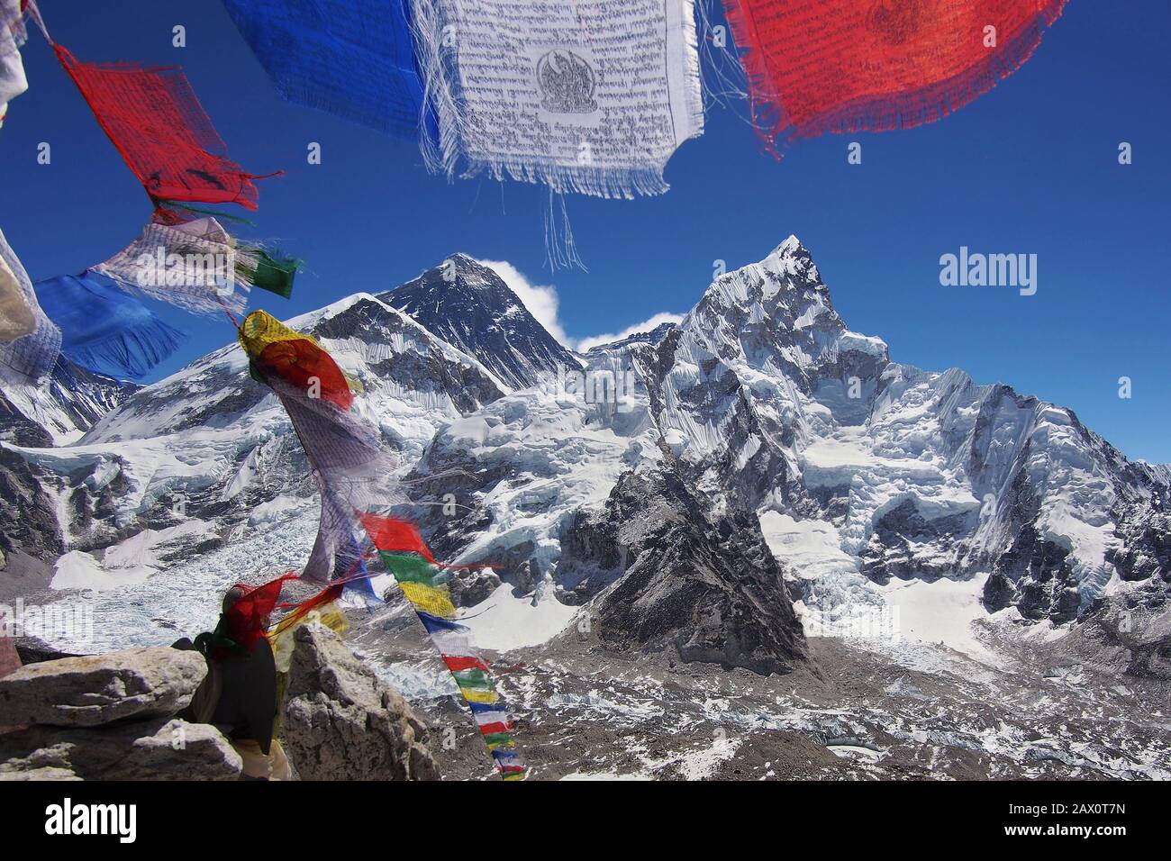 Mount Everest and Nuptse in the Nepal Himalaya. Stock Photo