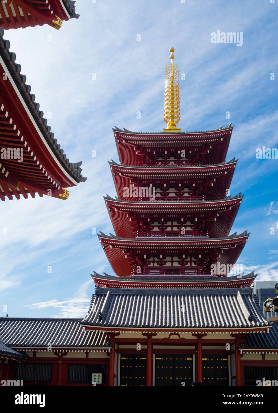 Tokyo, Japan - 10 Oct 2018: five-story Pagoda at the Sensoji Temple (also: Asakusa Kannon Temple) at Tokyo's Asakusa Shinto temple district. Stock Photo