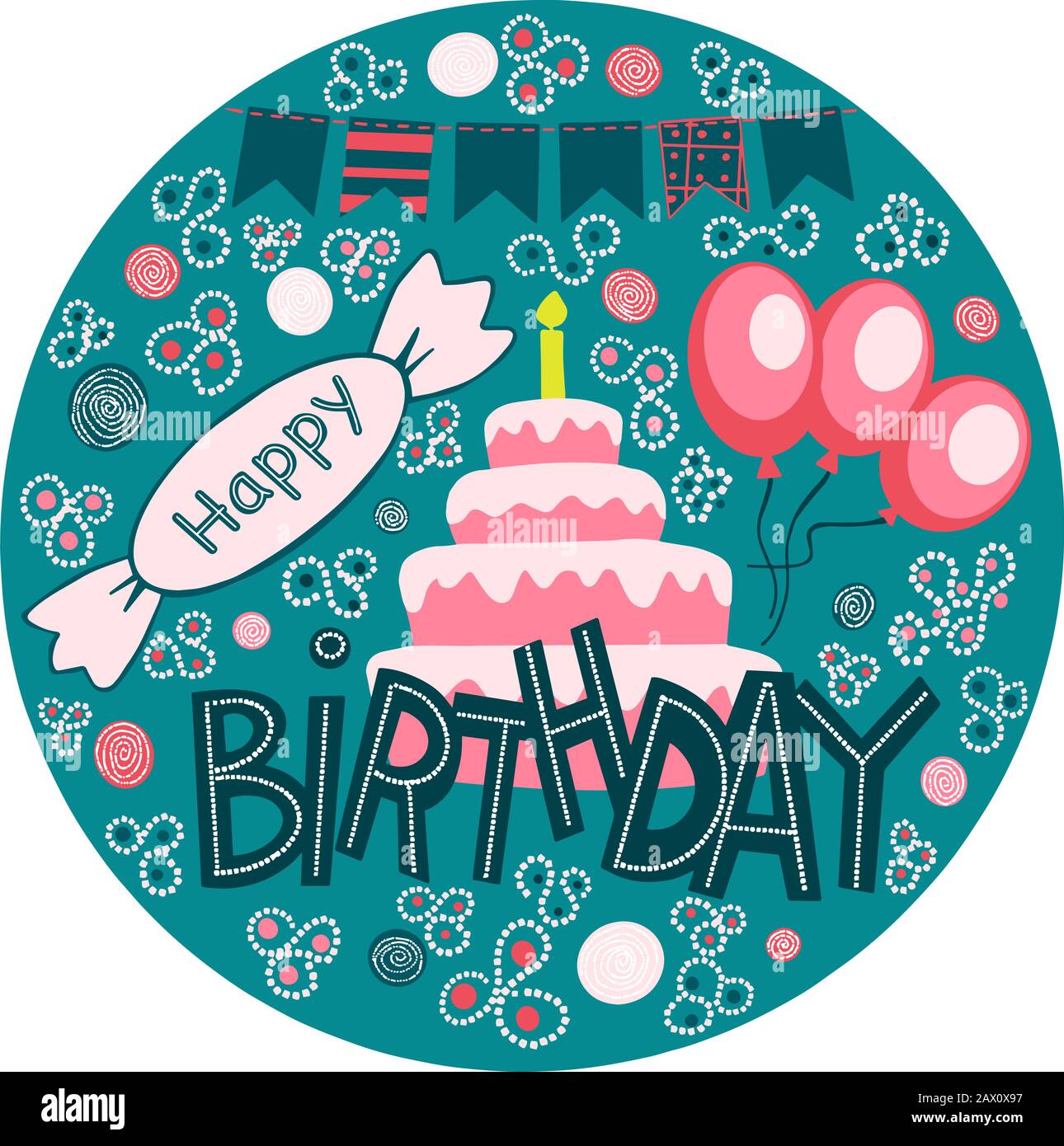 Vector happy birthday hand drawn lettering in frame.Congratulations and wishes in balloons,sweets,flags.Birthday cake with a candle clipart. Stock Vector