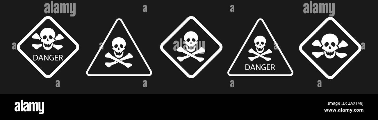 Hazard warning danger signs. Skull and bones symbols. Alert danger warning concept symbol Stock Vector