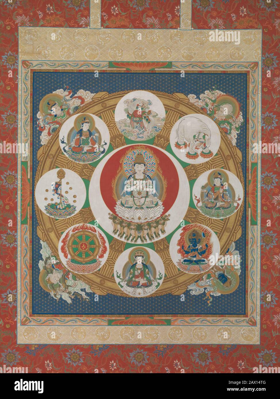 Mandala of the One-Syllable Golden Wheel, 18th century. The Mandala of the One-Syllable Golden Wheel (Japanese: Ichiji Kinrin Mandara) envisions the power of a single Sanskrit syllable, the utterance of which calls forth a personification of the cranial protuberance of the Buddha. It is used in rituals for the prevention of disaster, for the expansion of wealth, and for success in love, as well as for assuring safe delivery of children, career success, and propitious weather. The figural representation of the sound sits at the center of the mandala on a lotus pedestal borne by eight lions. It Stock Photo