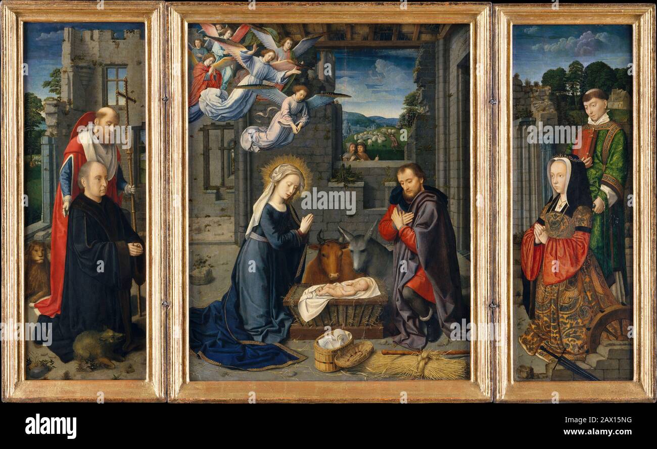 The Nativity with Donors and Saints Jerome and Leonard, ca. 1510-15. Stock Photo