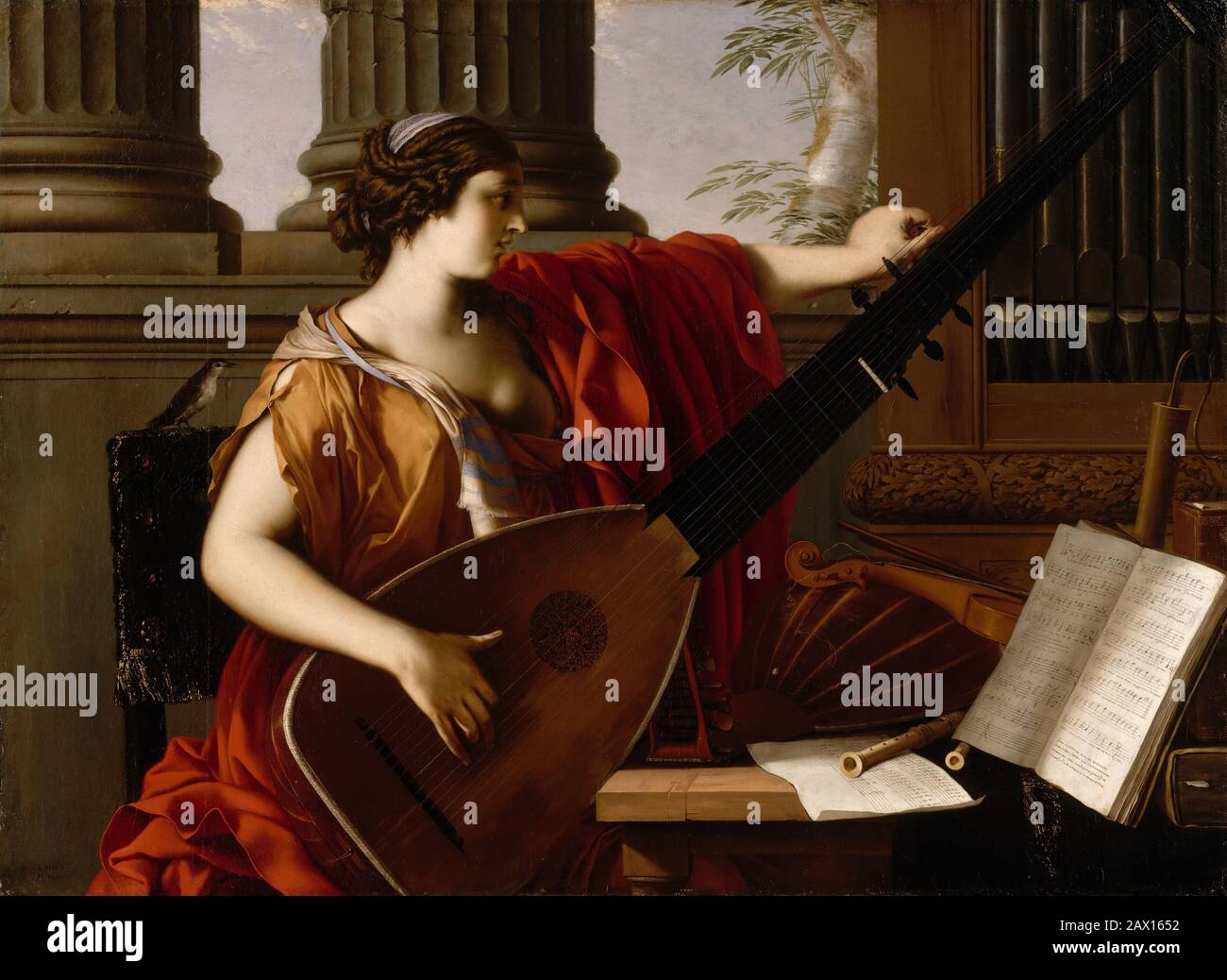 Allegory of Music, 1649. allegorical figure tunes a theorbo. At her shoulder is a songbird, symbol of natural music, whereas by contrast she may be a representation of modern music theory and practice. To the right are various contemporary instruments and scores: a lute, a violin, two recorder Stock Photo