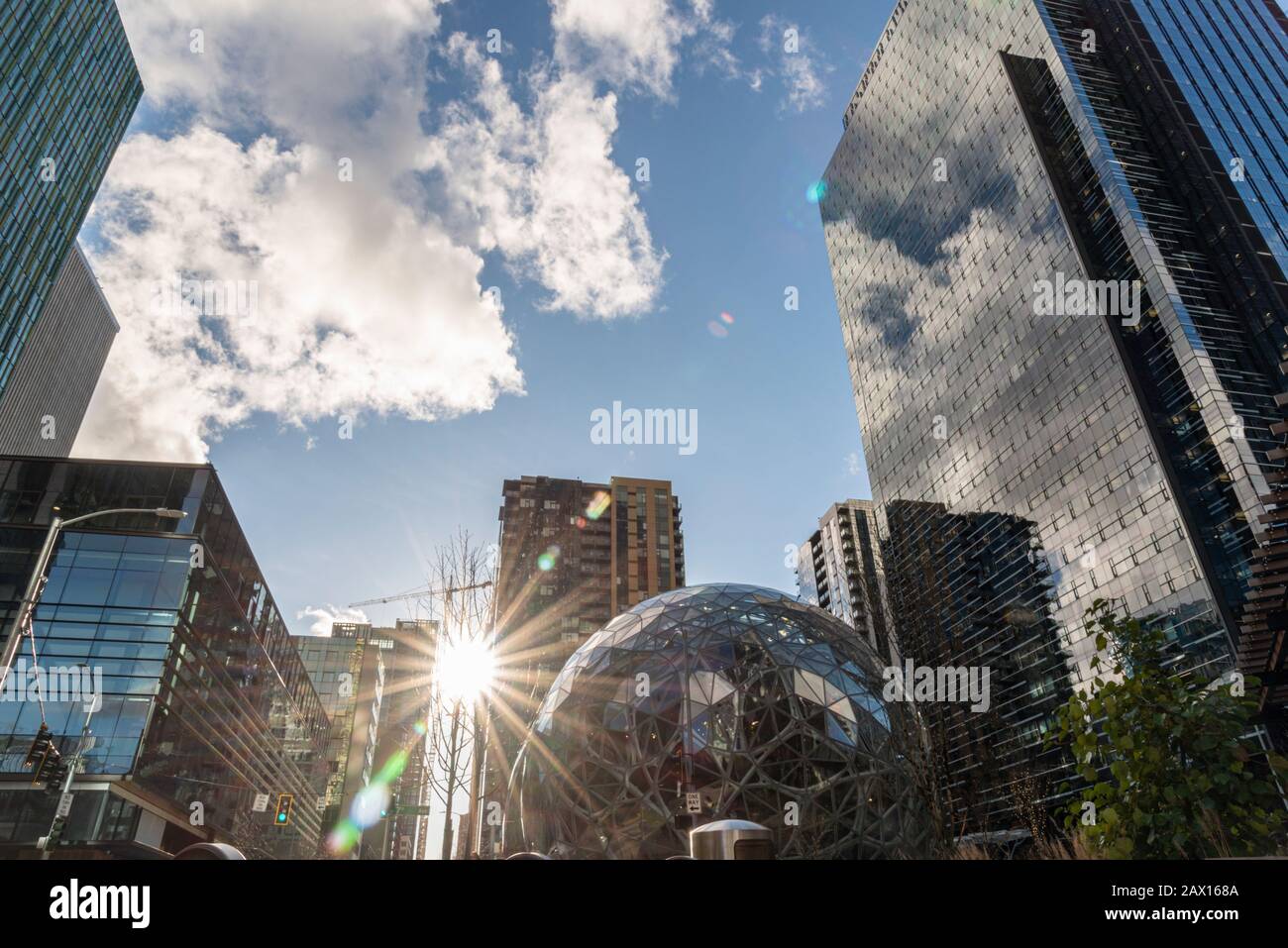 Looking up at Amazon World Headquarters office tower reflecting
