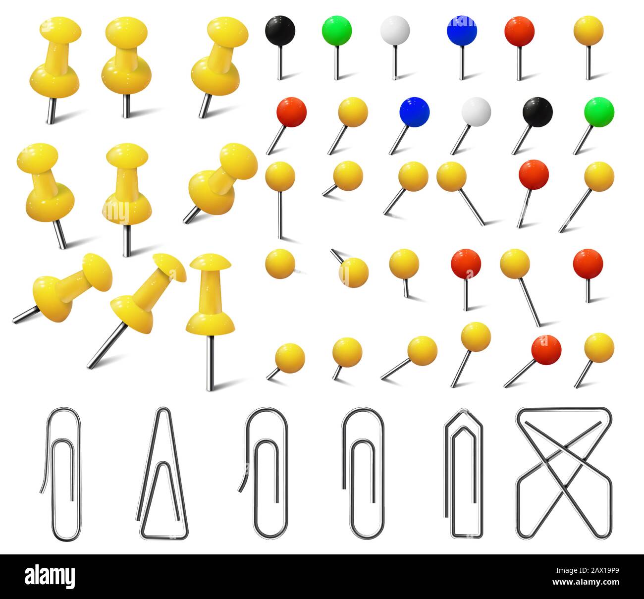 Colored various pushpins, clips, map tacks and pins Stock Vector Image