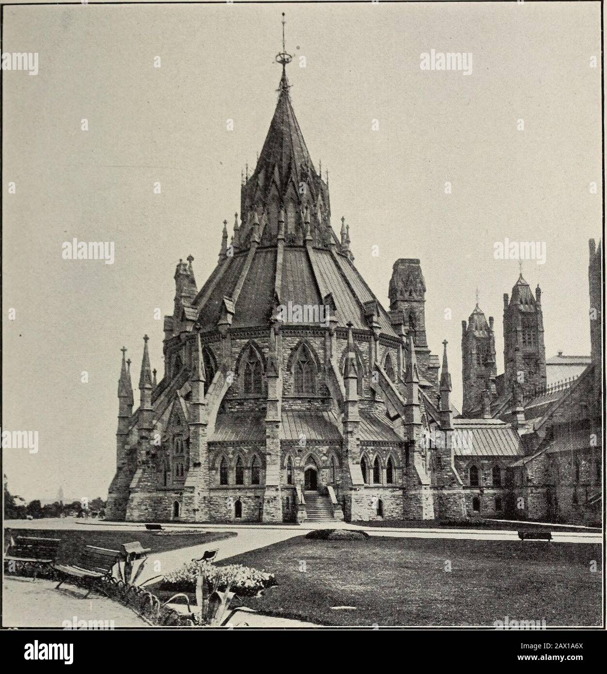 Abbott's guide to Ottawa and vicinity . n the corridor (at the left) a tablet to com-memorate the first vessel to cross the Atlantic by steam power—The RoyalWilliam—which was wholly constructed in Canada. Here is the entrance to— The Library, a polygon of 16 sides, and 120 feet in diameter. The dome issupported by massive buttresses and beautifully constructed flying buttresses.In the interior the height from the floor to the top of the inside of the cupolais 160 feet. The floor is inlaid with Canadian woods, and the book shelvesare richly carved in Canadian white pine. In the centre is a whit Stock Photo