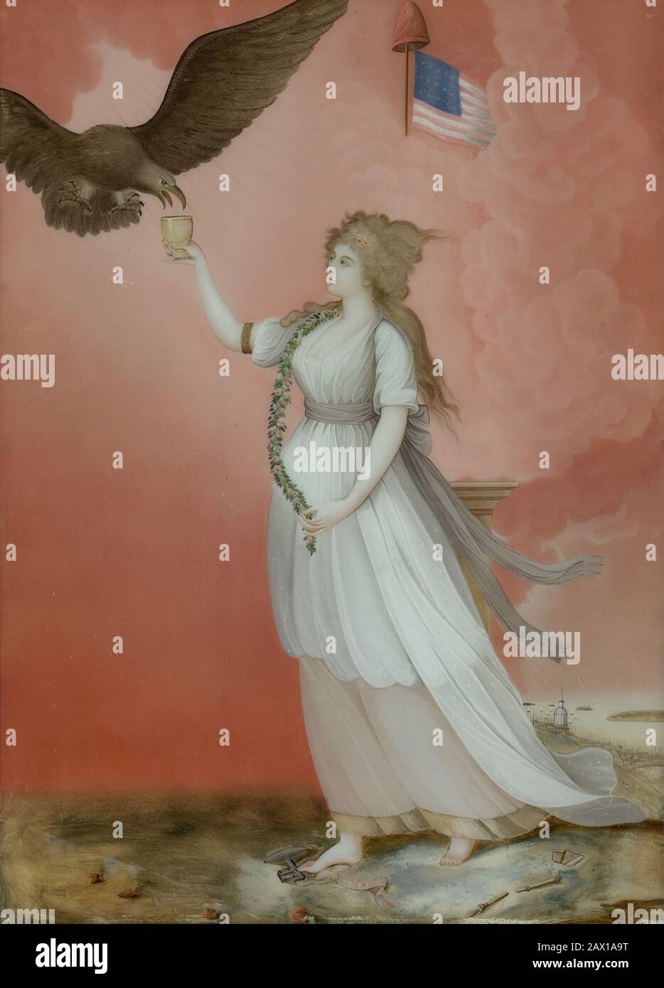 Liberty, Ca. 1800. Liberty in the Form of the Goddess of Youth giving support to the Bald Eagle. After  1796 engraving of the same title by Edward Savage Stock Photo