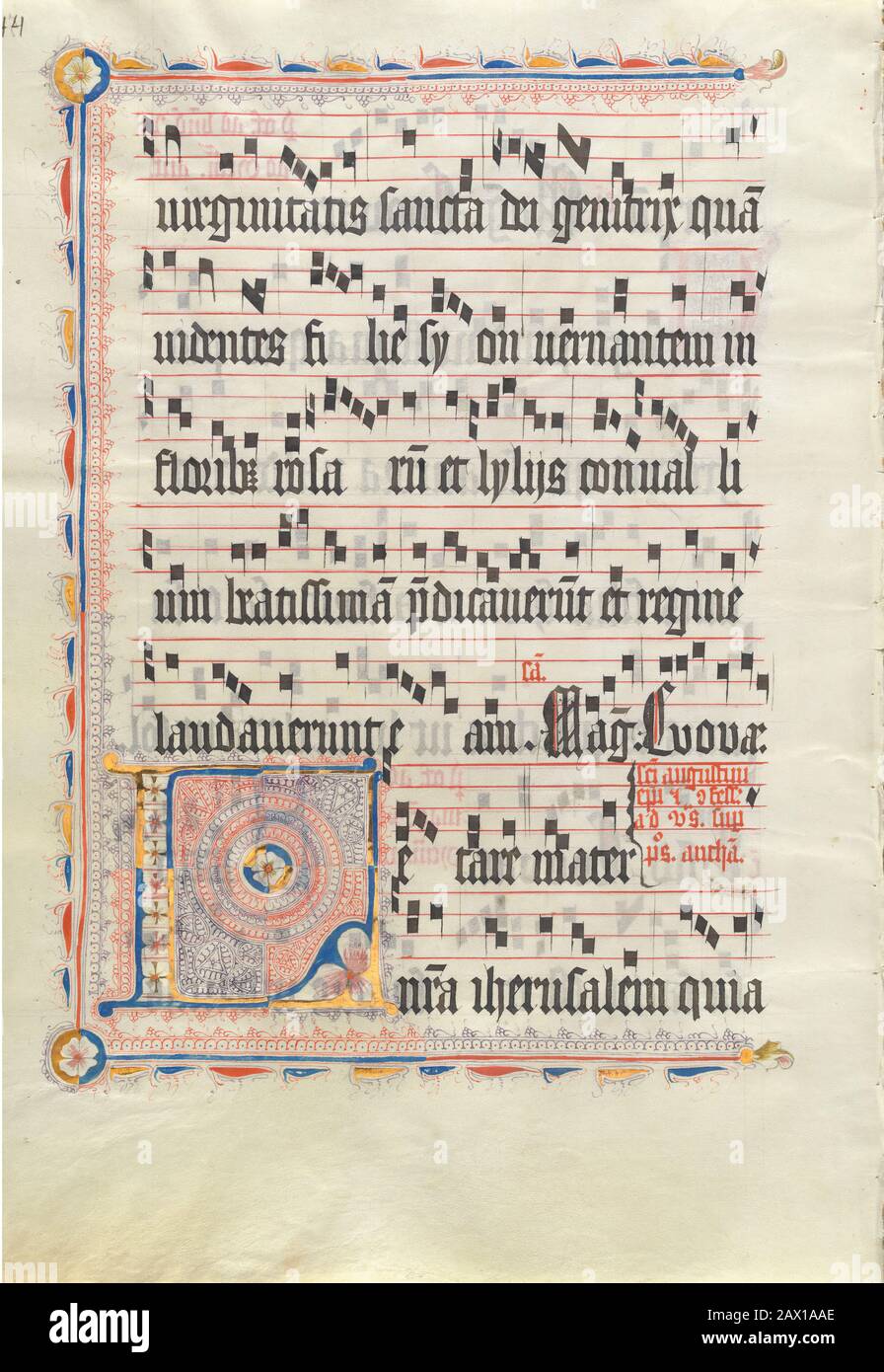 Manuscript Leaf with Initial L, from an Antiphonary, second quarter 15th century. Stock Photo