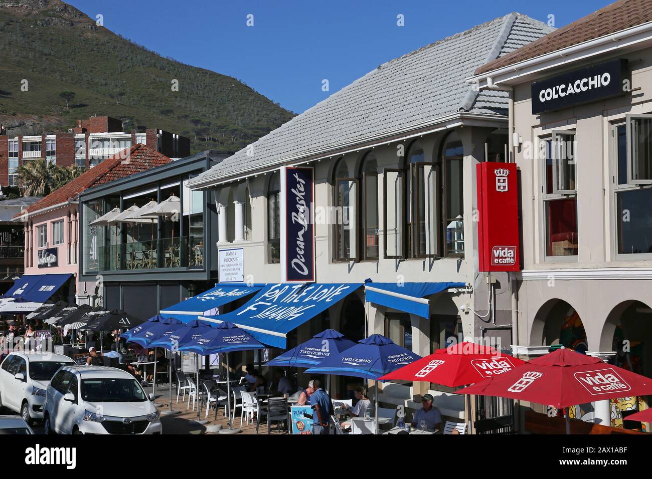 Ocean Basket and Col'Cacchio restaurants, Victoria Street, Camps Bay, Cape Town, Table Bay, Western Cape Province, South Africa, Africa Stock Photo