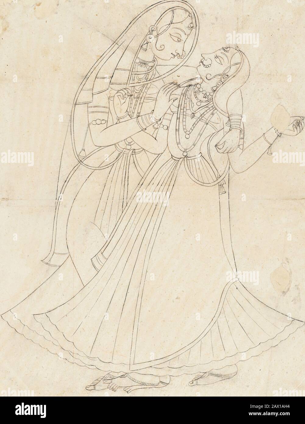 Krishna (dressed as a woman) Embracing Radha, 19th century. Combined
