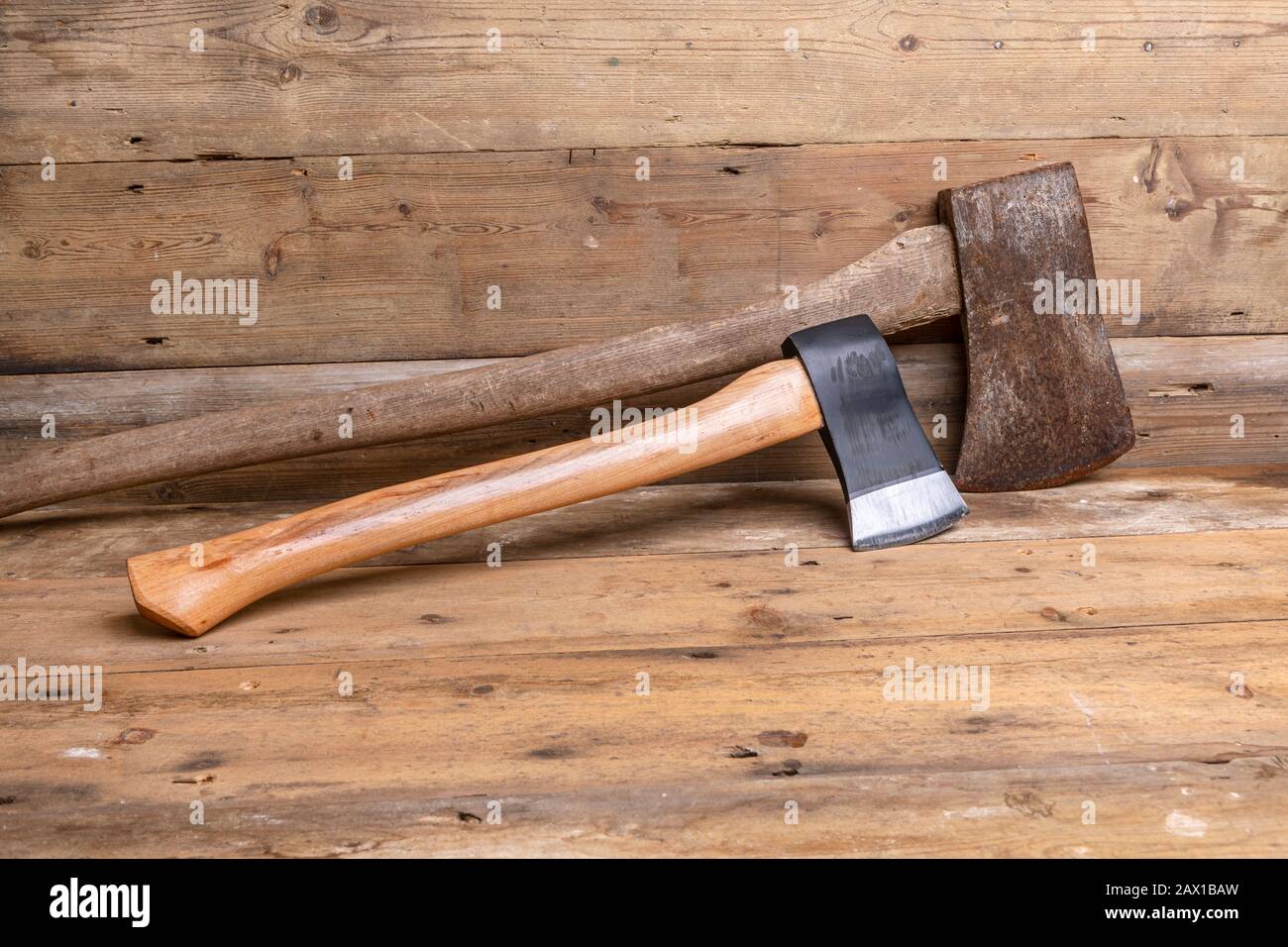 Two wooden shafted axes Stock Photo Alamy