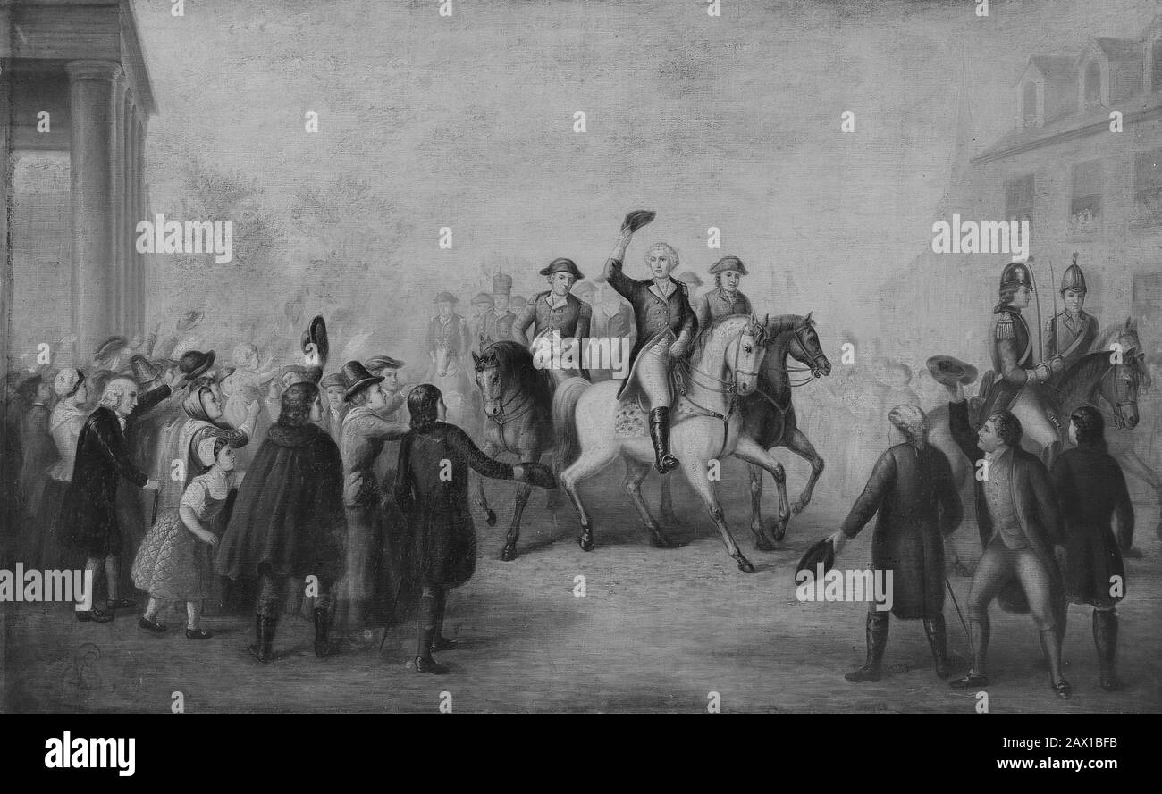 Washington's Triumphal Entry into New York, ca. 1850. General George Washington reclaimed Fort Washington in Manhattan and led the Continental Army in a triumphal procession march. Stock Photo