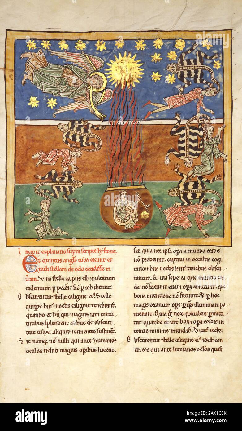 Leaf from a Beatus Manuscript: at the Clarion of the Fifth Angel's Trumpet, a Star Falls from the Sky; the Bottomless Pit is Opened with a Key; Emerging from the Smoke, Locusts Come Upon the Earth and Torment the Deathless, ca. 1180. Stock Photo