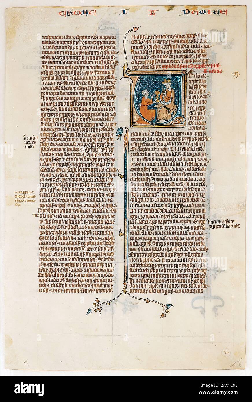 Manuscript Leaf with Opening of The Book of Nehemias, from a Bible, ca. 1280-1300. Nehemia kneels before the king and receives permission to make the journey to Jerusalem. Stock Photo