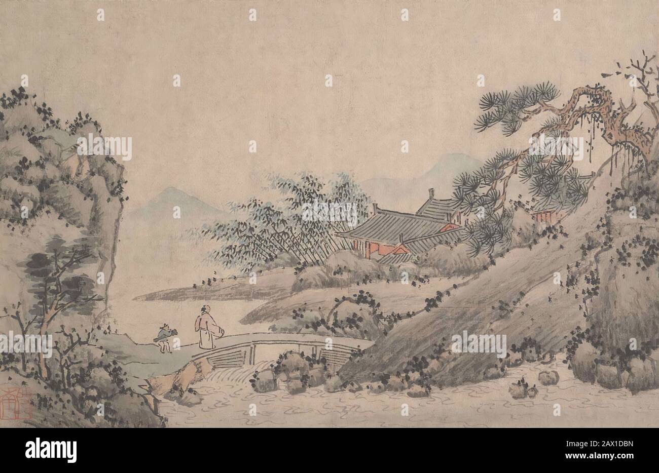 Landscape with Man Crossing Bridge.  Ming (13681644) or Qing (1644-1911) dynasty Stock Photo