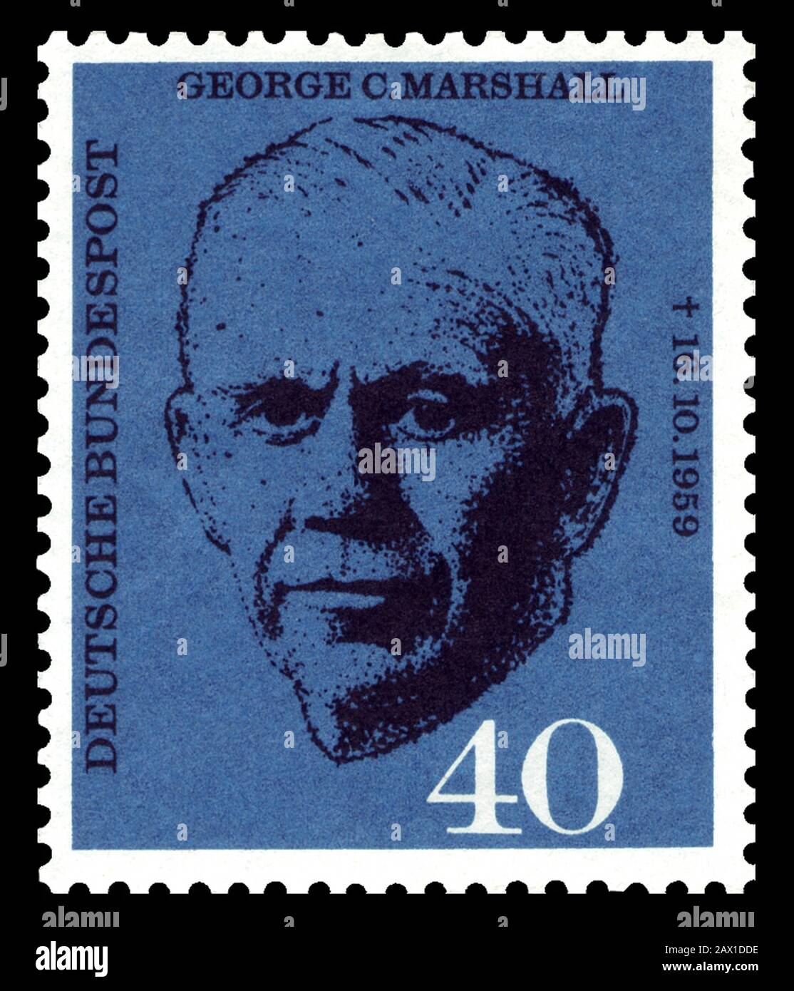 1960 , Germany :  German post stamp dedicated to USA General George Catlett Marshall ( 1880 – 1959 ).  As Secretary of State, his name was given to the Marshall Plan, for which he was awarded the Nobel Peace Prize in 1953 .-  FOTO STORICHE - HISTORY  -  PIANO MARSHALL - RICOSTRUZIONE DALLA SECONDA GUERRA MONDIALE - WW2nd - WWII - WORLD WAR - ritratto - portrait  - PREMIO NOBEL PER LA PACE - GENERALE - GENERAL -  francobollo - valore postale - GERMANIA OVEST - GERMANY   ----    Archivio GBB Stock Photo