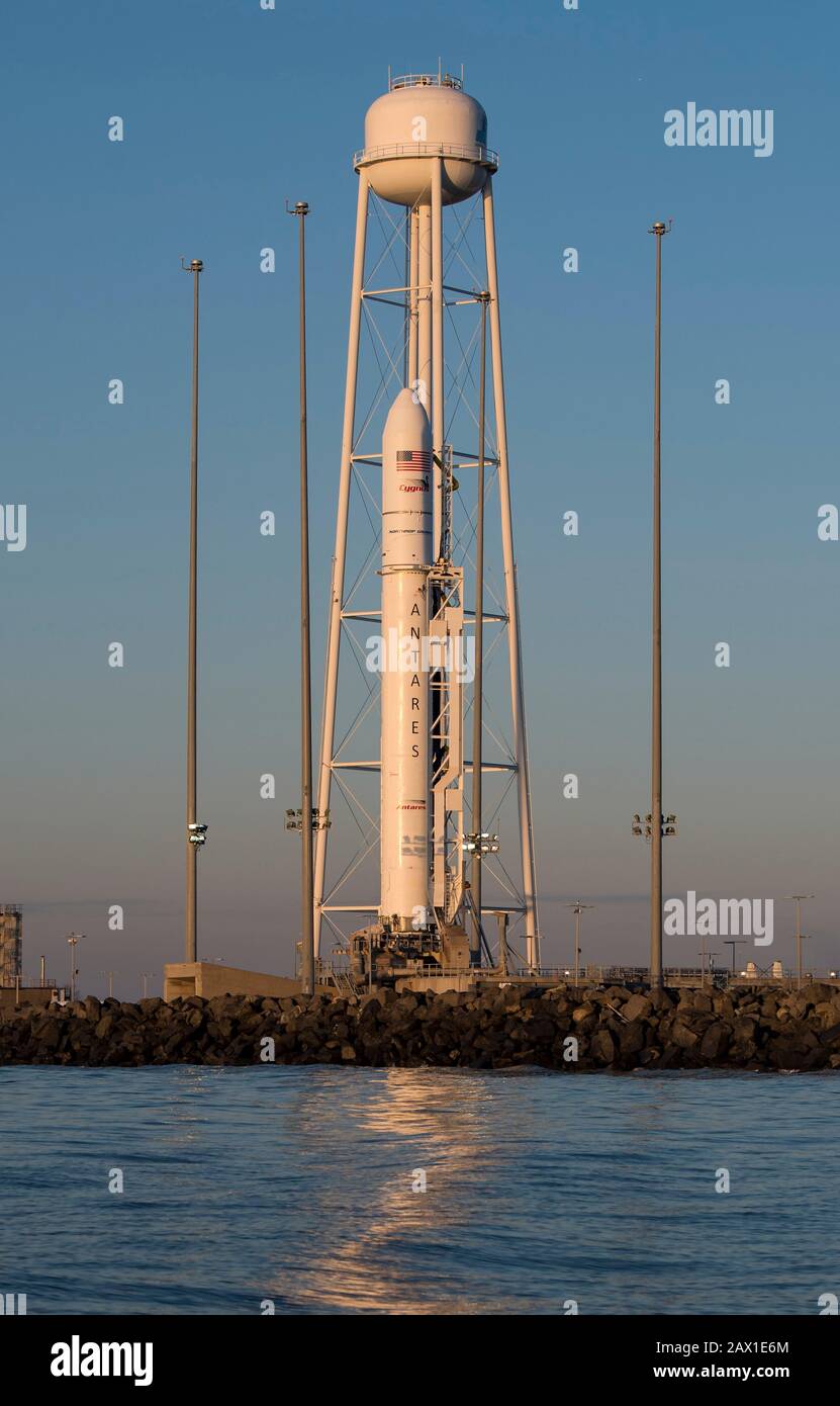 Wallops, United States Of America. 09th Feb, 2020. Wallops, United States of America. 09 February, 2020. The Northrop Grumman Antares rocket, with Cygnus resupply spacecraft onboard, in launch position on Pad-0A, at the NASA Wallops Flight Facility February 9, 2020 in Wallops, Virginia. The commercial cargo resupply mission carrying 7,500 pounds of supplies and equipment to the International Space Station was aborted three minutes before launch. Credit: Aubrey Gemignani/NASA/Alamy Live News Stock Photo