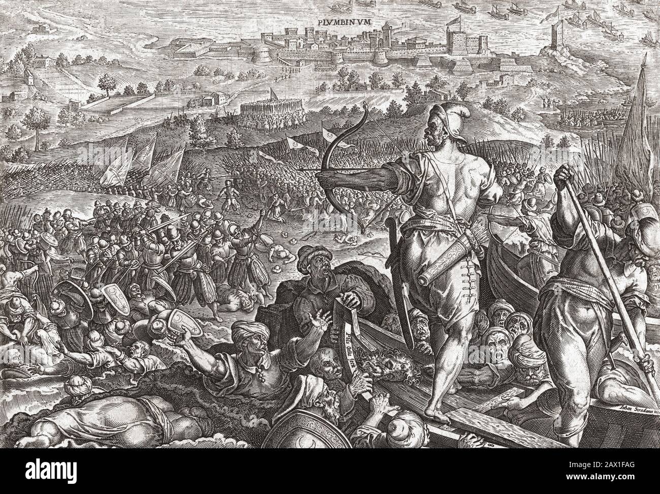 The forces of Cosimo I de’ Medici defeat the Ottomans and French at Piombino, Italy in 1555. Stock Photo