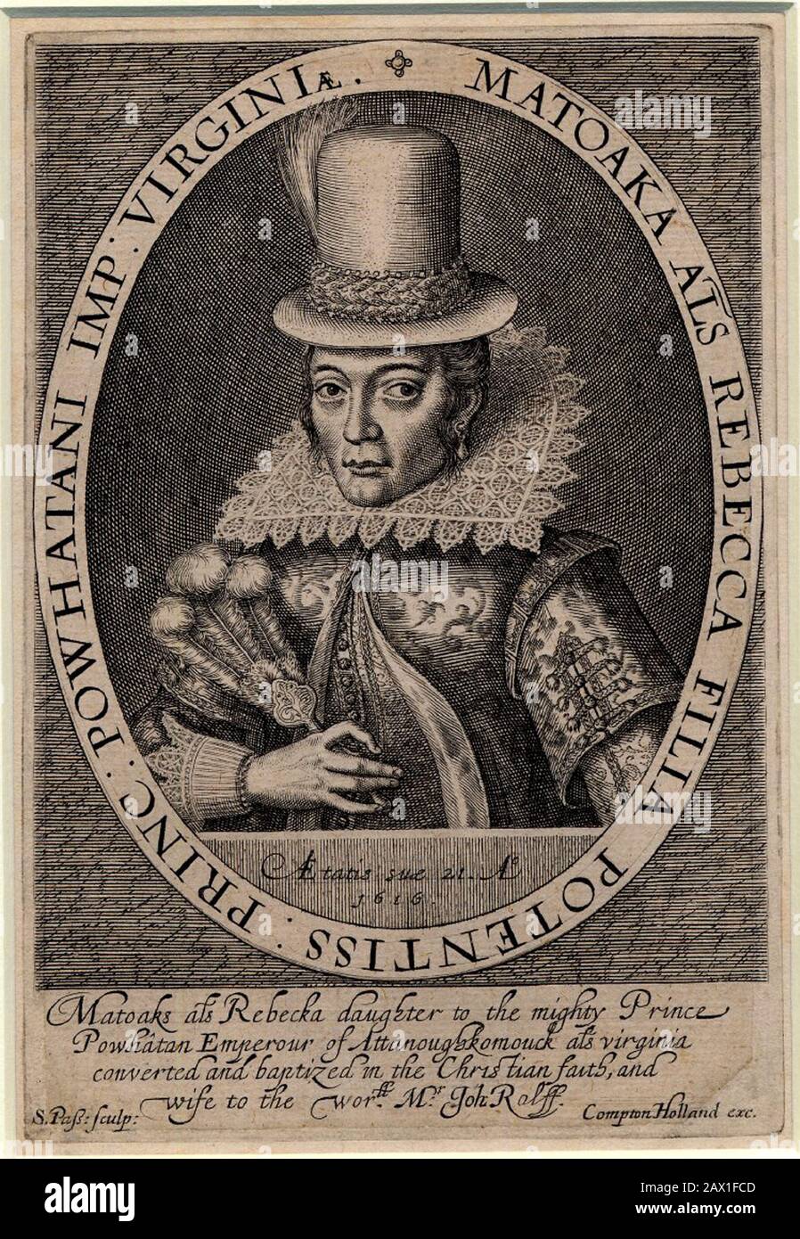 1616 , GREAT BRITAIN : Pocahontas ( Virginia, 1595 ca – Gravesend, 21 march 1617 ) as  Mrs. John Rolfe , from a portrait painting done in London , England , 1616 by engraver artist Simon Van de Passe ( ca. 1595 - 1647 ).  Pocahontas (born Matoaka, and later known as Rebecca Rolfe, c. 1595 -March 1617) was a Virginia Indian .In an historical anecdote, she is said to have saved the life of an Indian captive, Englishman John Smith, in 1607 by placing her head upon his own when her father raised his war club to execute him .-  POCAHONTAS - Princess Powhatani - Epopea del Selvaggio WEST - NATIVE AM Stock Photo
