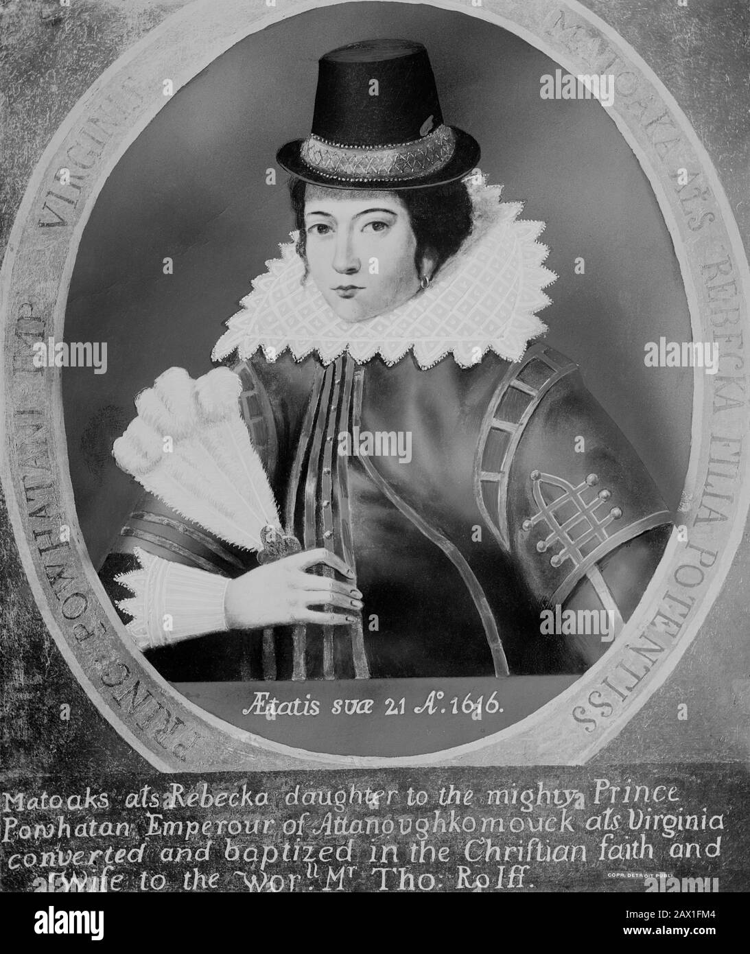 1616 , GREAT BRITAIN : Pocahontas (  1595 ca - 1617  ) as  Mrs. John Rolfe , copy by painter by William Sheppard , from original  portrait painting done in London , England , 1616 .  Pocahontas (born Matoaka, and later known as Rebecca Rolfe, c. 1595  March 1617) was a Virginia Indian . In an historical anecdote, she is said to have saved the life of an Indian captive, Englishman John Smith, in 1607 by placing her head upon his own when her father raised his war club to execute him .-  POCAHONTAS - Princess Powhatani - Epopea del Selvaggio WEST - NATIVE AMERICANS - INDIANO D' AMERICA - Indiani Stock Photo