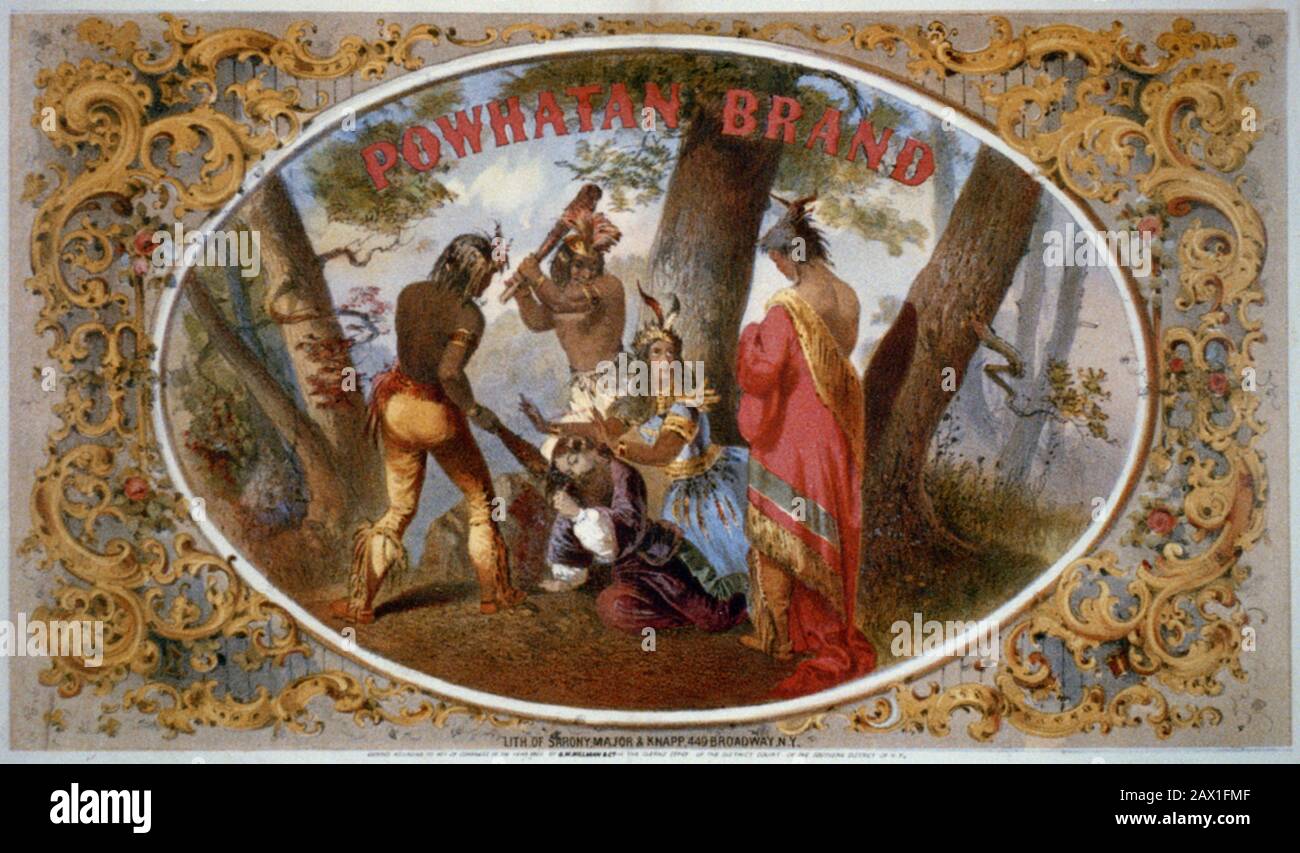1860, USA : Tobacco package label showing Pocahontas coming to the defense of Capitain John Smith and appealing to her father, Chief Powhatan , to spare his life. POCAHONTAS  (c. 1595 -1617 ) was a Native American woman who married an Englishman, John Rolfe, and became a celebrity in London in the last year of her life. She was a daughter of Wahunsunacawh (also known as Chief or Emperor Powhatan), who ruled an area encompassing almost all of the tribes in the Tidewater region of Virginia (called Tenakomakah at the time). - PORTRAIT - RITRATTO - foto storiche - foto storica  -  Sauk Indians - I Stock Photo
