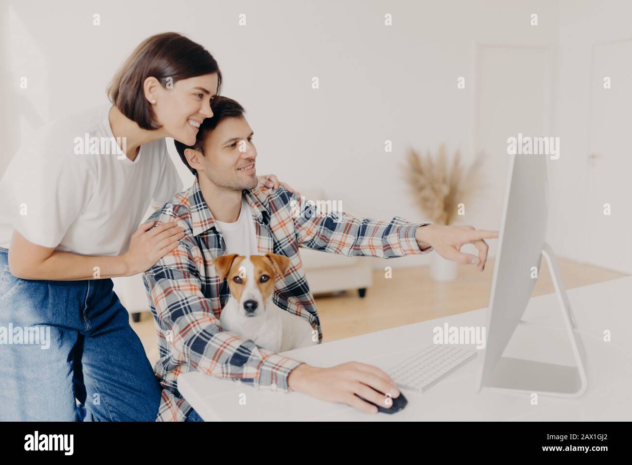 Happy husband points into monitor of computer, asks for useful advice