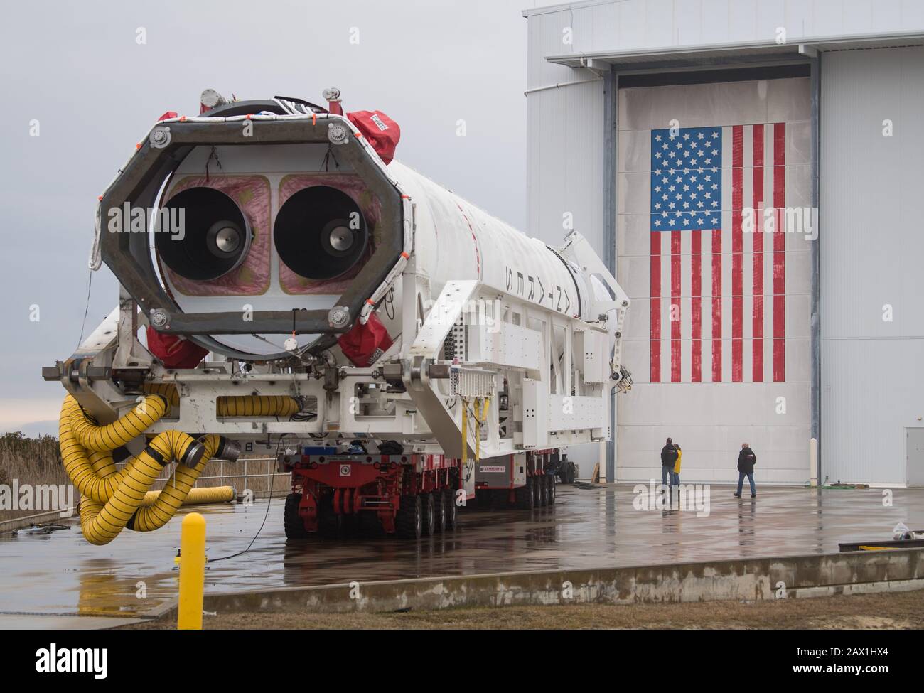 The Northrop Grumman Antares rocket, with Cygnus resupply spacecraft onboard, is moved to launch Pad-0A, at the NASA Wallops Flight Facility February 5, 2020 in Wallops, Virginia. The commercial cargo resupply mission will carry 7,500 pounds of supplies and equipment to the International Space Station and is scheduled to launch February 9th. Stock Photo