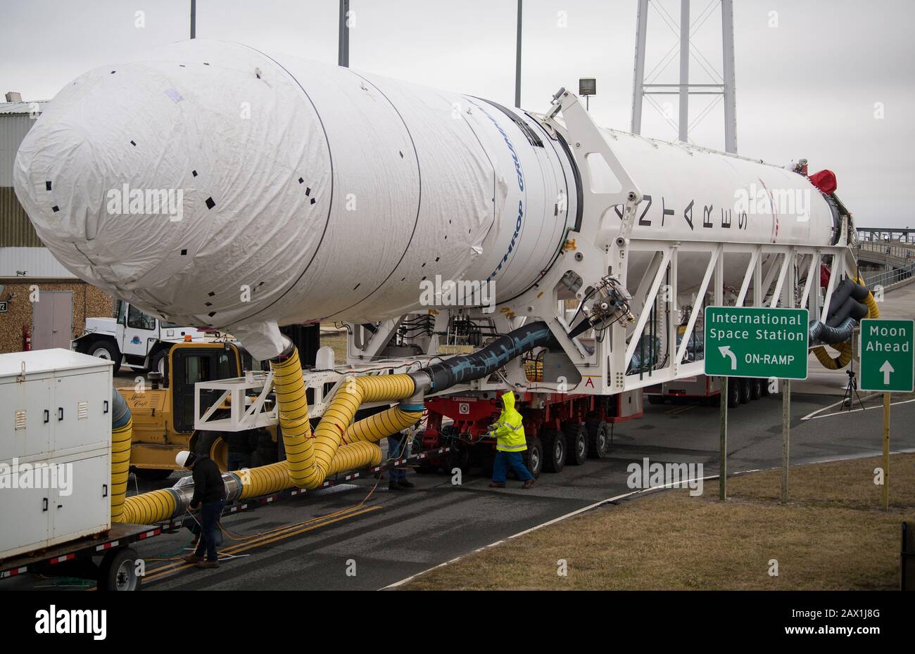 The Northrop Grumman Antares rocket, with Cygnus resupply spacecraft onboard, is moved to launch Pad-0A, at the NASA Wallops Flight Facility February 5, 2020 in Wallops, Virginia. The commercial cargo resupply mission will carry 7,500 pounds of supplies and equipment to the International Space Station and is scheduled to launch February 9th. Stock Photo