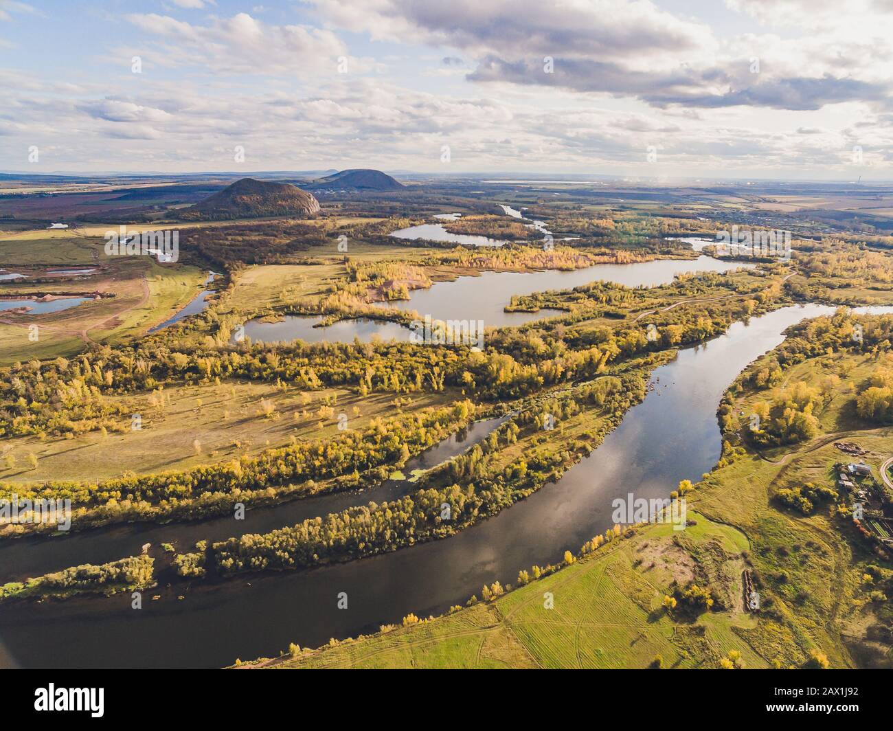 Aerial view of blue lakes and green forests on a sunny summer day Stock ...