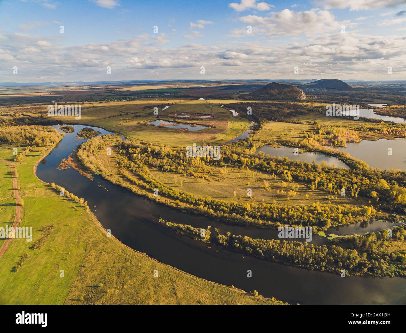Aerial view of blue lakes and green forests on a sunny summer day Stock ...