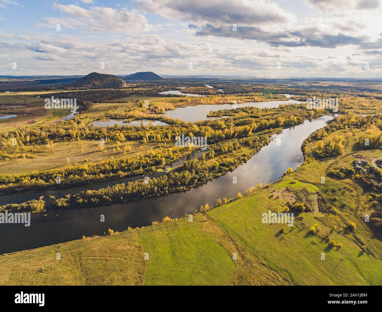 Aerial view of blue lakes and green forests on a sunny summer day Stock ...
