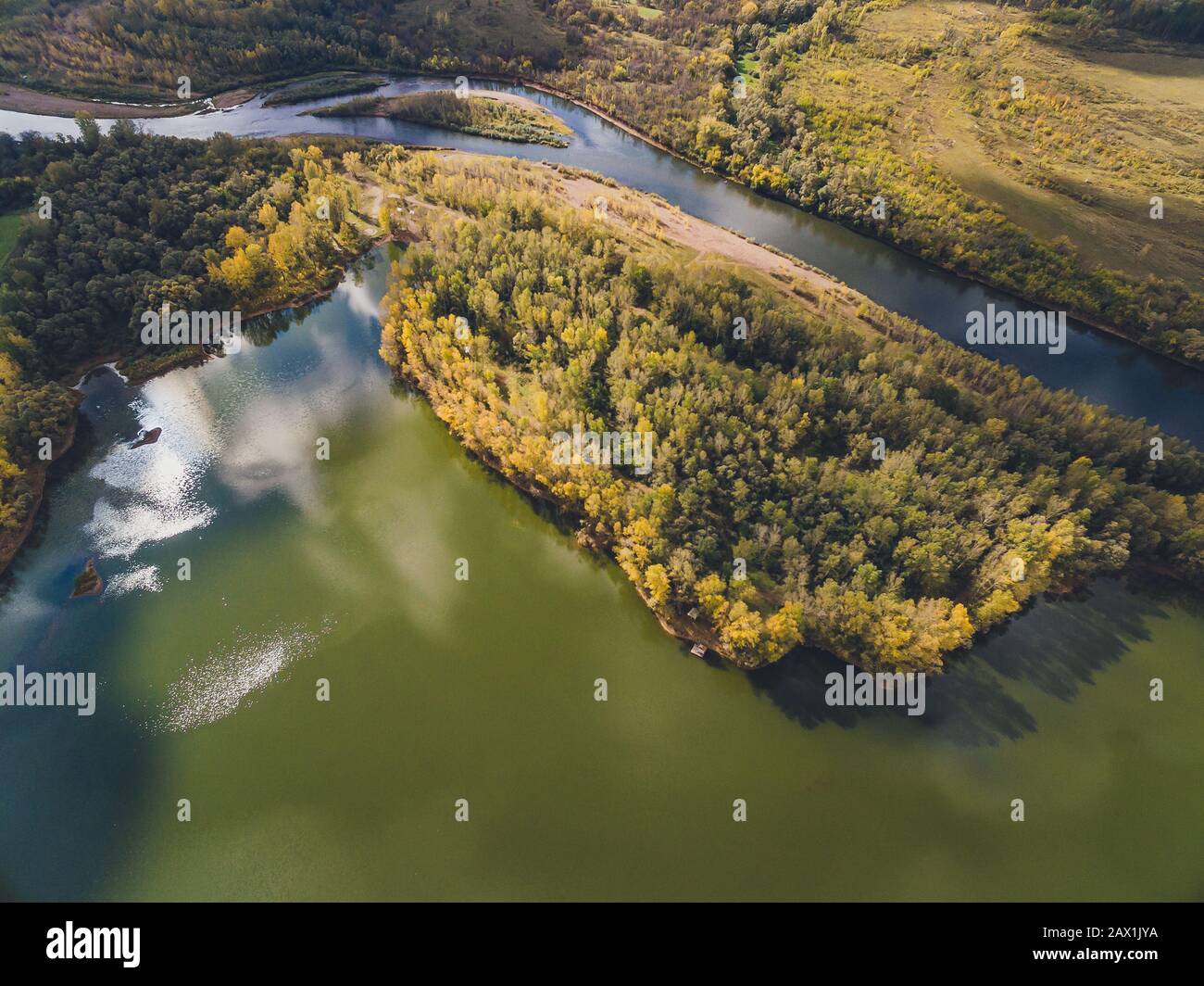 Aerial view of blue lakes and green forests on a sunny summer day Stock ...