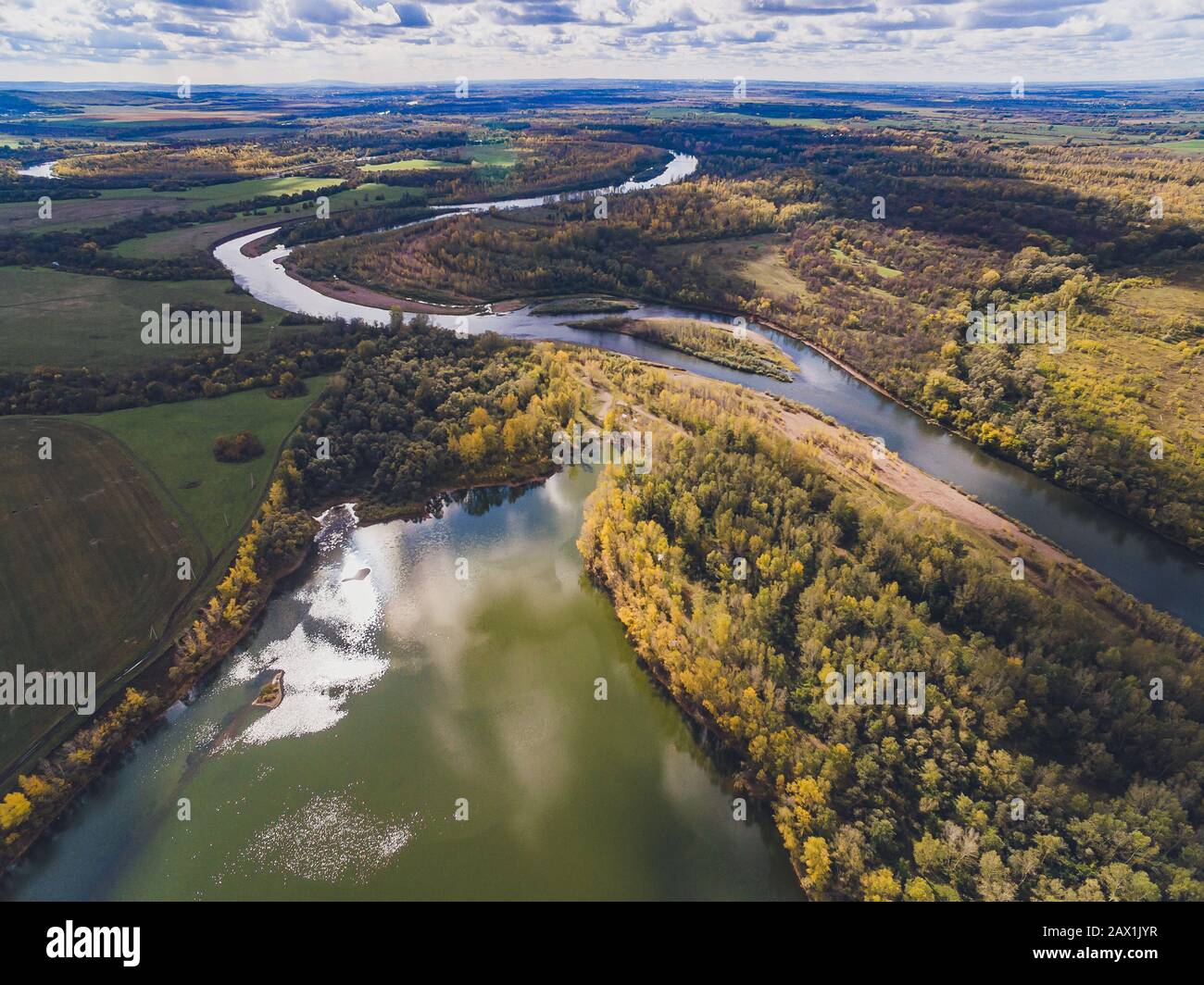 Aerial view of blue lakes and green forests on a sunny summer day Stock ...