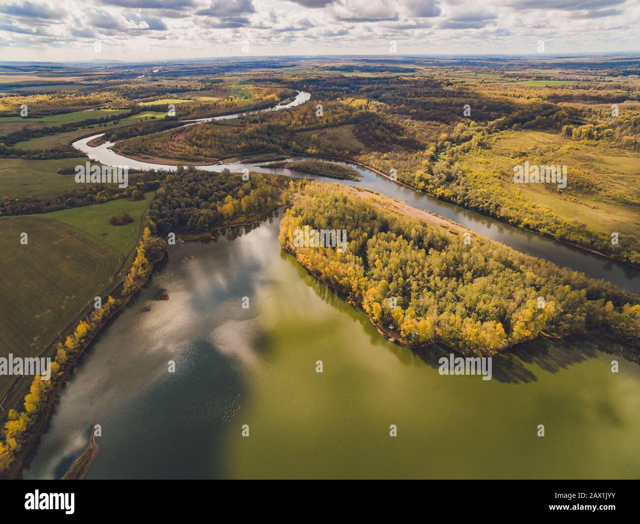 Aerial view of blue lakes and green forests on a sunny summer day Stock ...