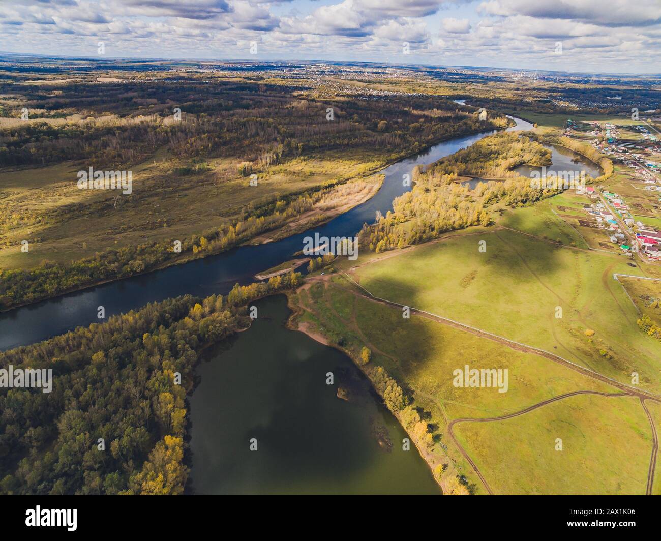 Aerial view of blue lakes and green forests on a sunny summer day Stock ...