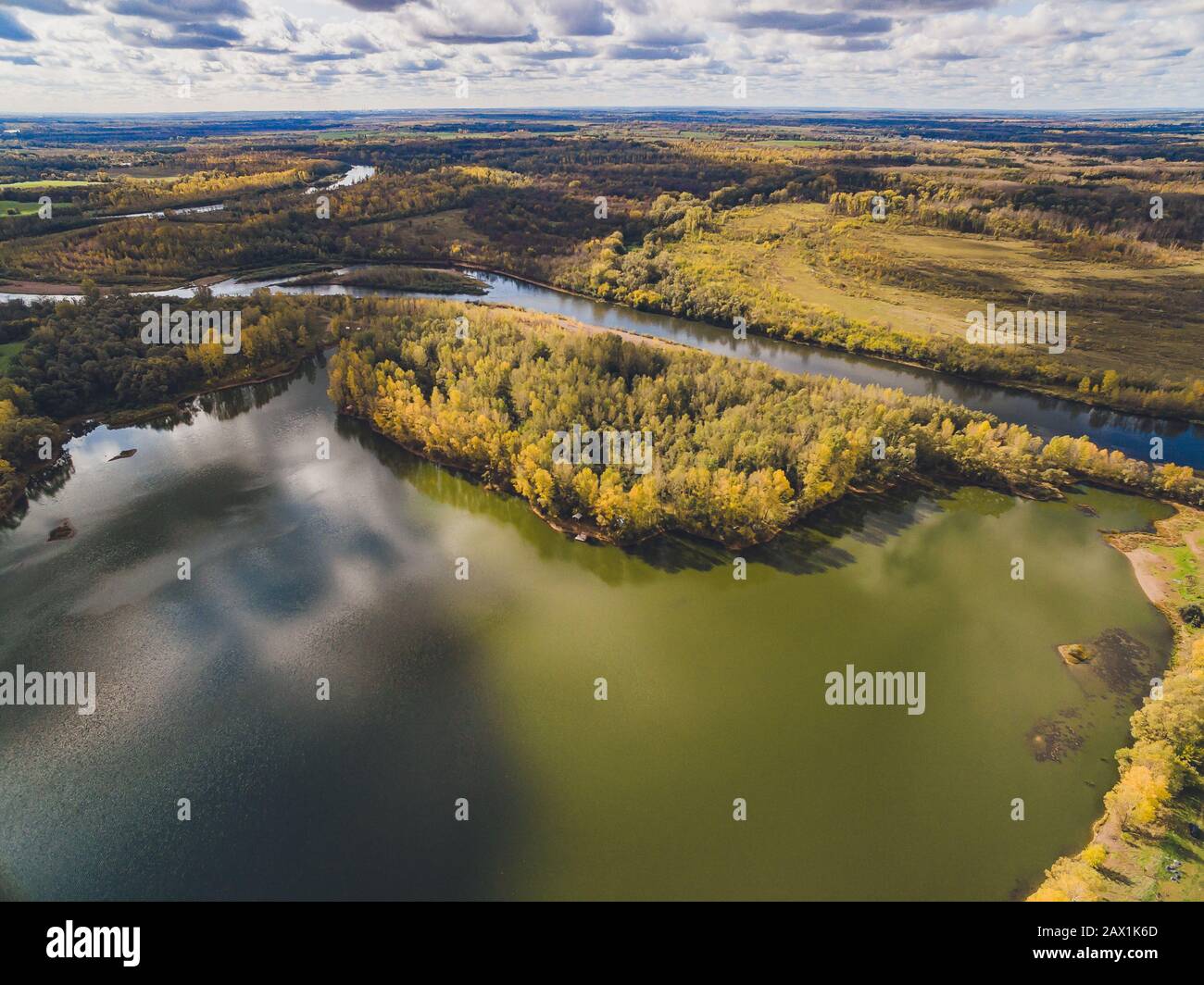Aerial view of blue lakes and green forests on a sunny summer day Stock ...