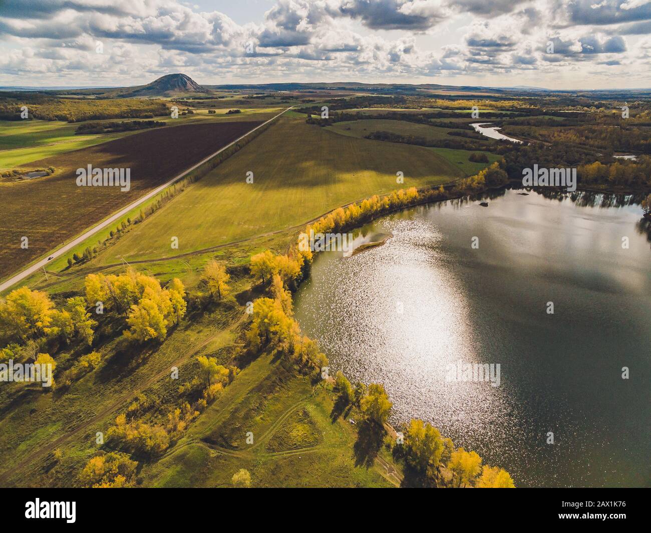 Aerial view of blue lakes and green forests on a sunny summer day Stock ...
