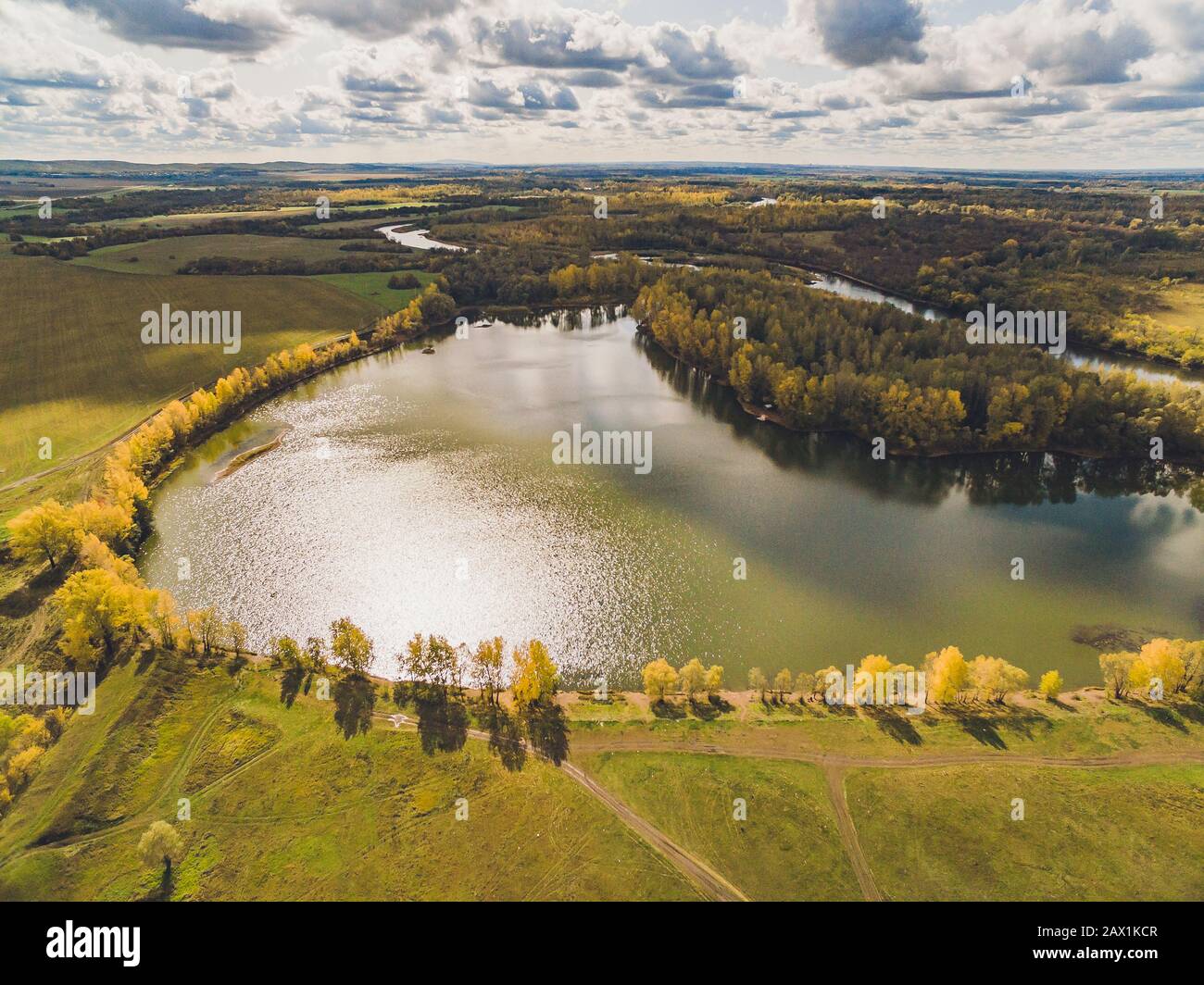 Aerial view of blue lakes and green forests on a sunny summer day Stock ...