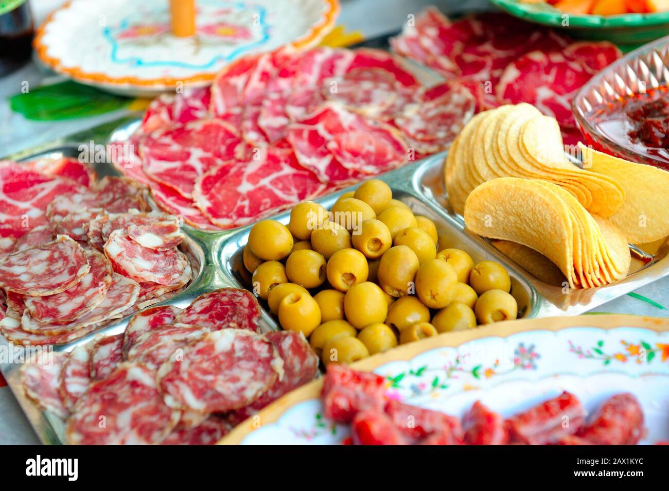 Plate with various Italian French Corsican sausages (Pancetta
