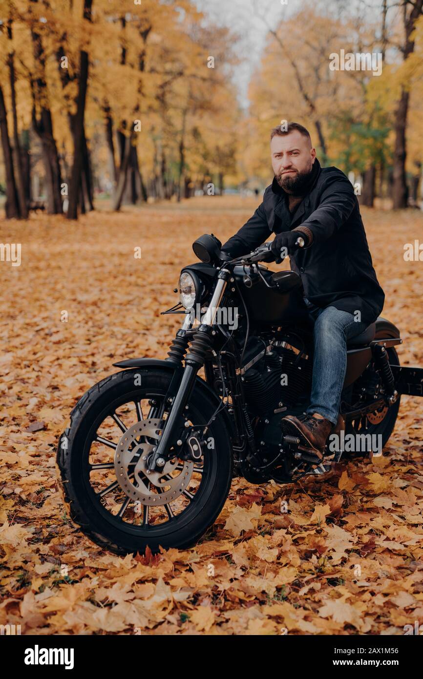 Brutal male biker rides motorcycle during autumn time, poses in park ...
