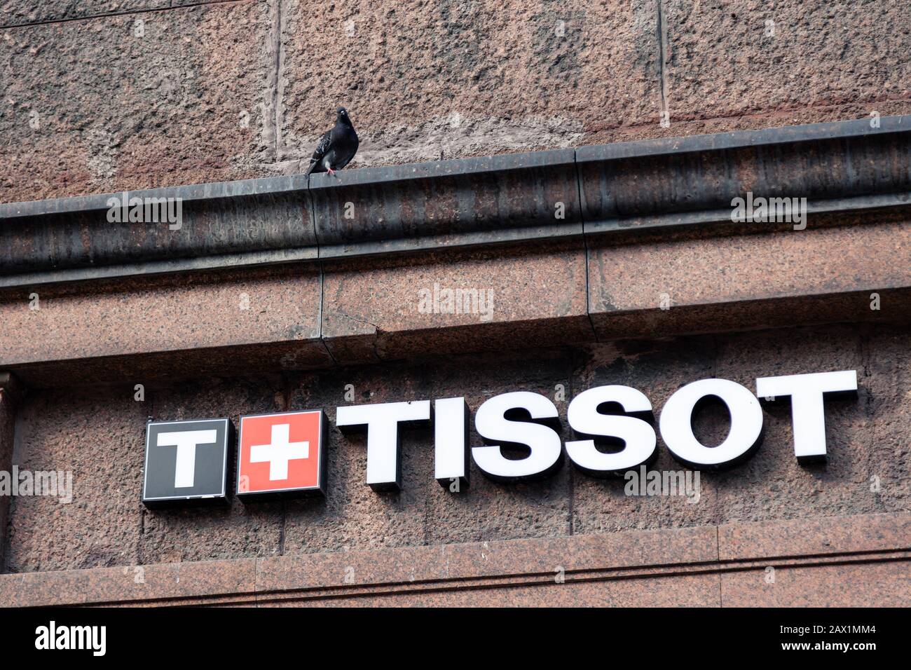 Russia Moscow 2019-06-17 Tissot logo and sign on a building. Tissot is a popular and famous Swiss luxury watchmaker. Stock Photo