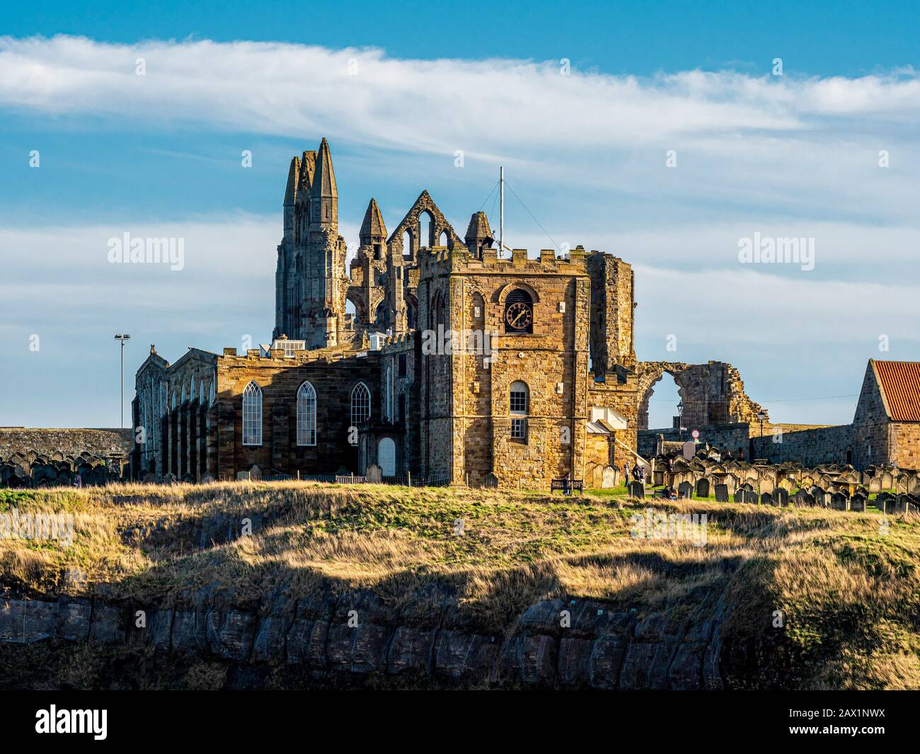 St Mary's Church and Whitby Abbey on East cliff, Whitby, UK. Stock Photo