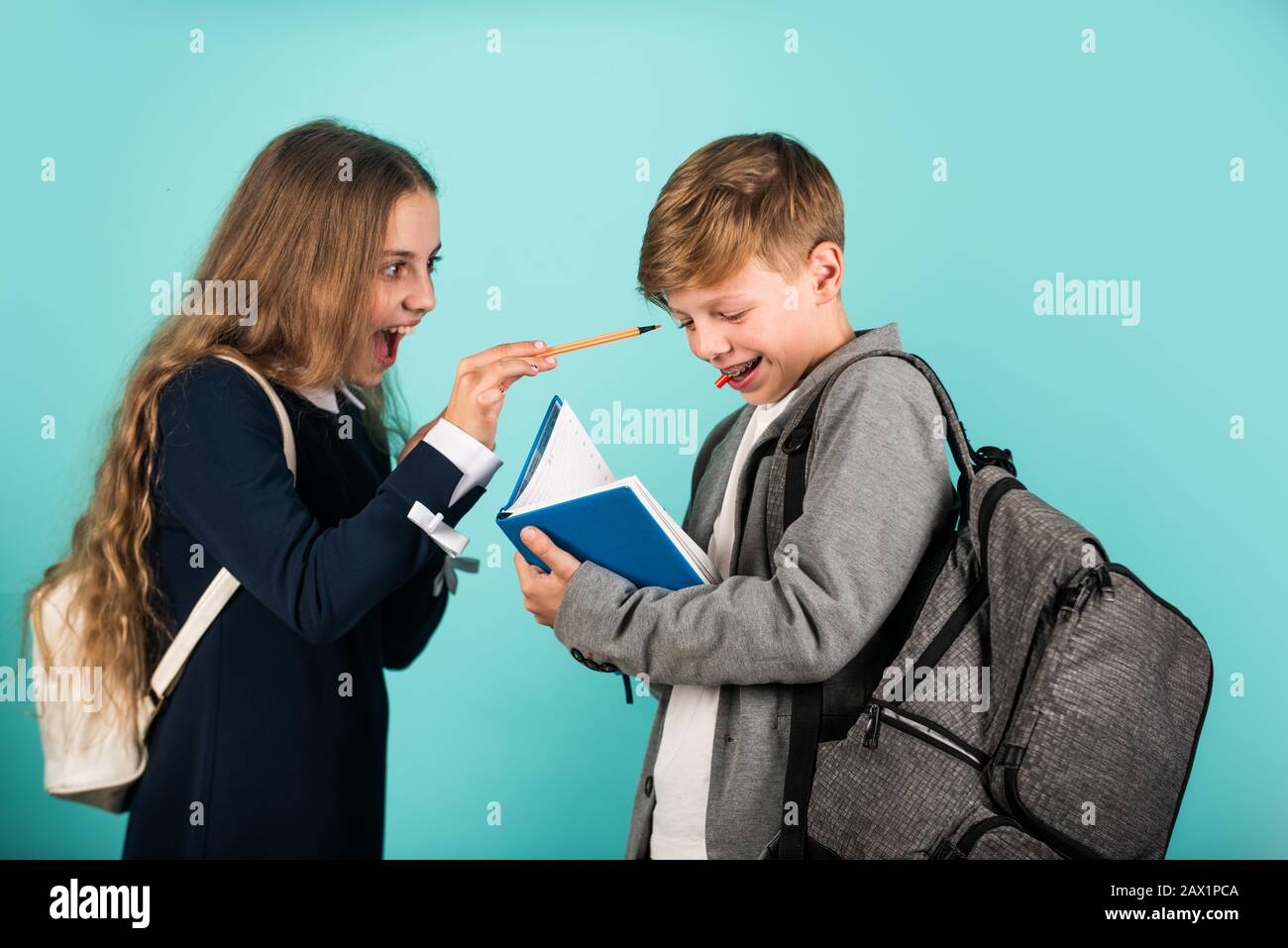 Study together. International students exchange. School knowledge. Talent development. Student ready for lessons. Regular school program. School educa Stock Photo
