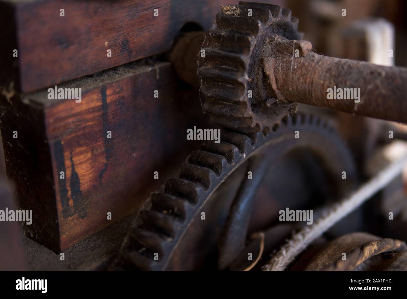 detail of old vintage machine made from wood and metal cogwheel Stock ...