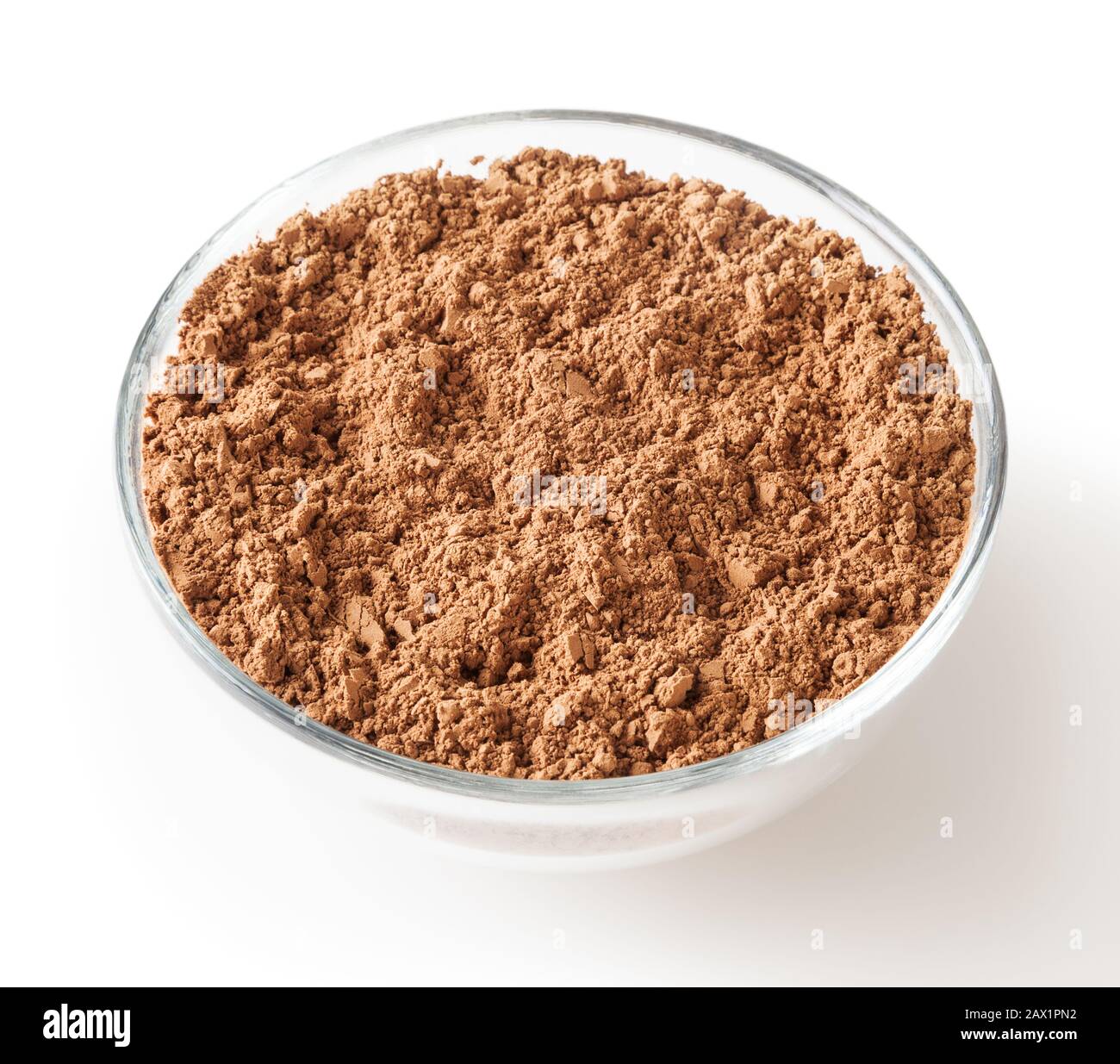 Uncooked cacao powder in glass bowl isolated on white background with clipping path Stock Photo
