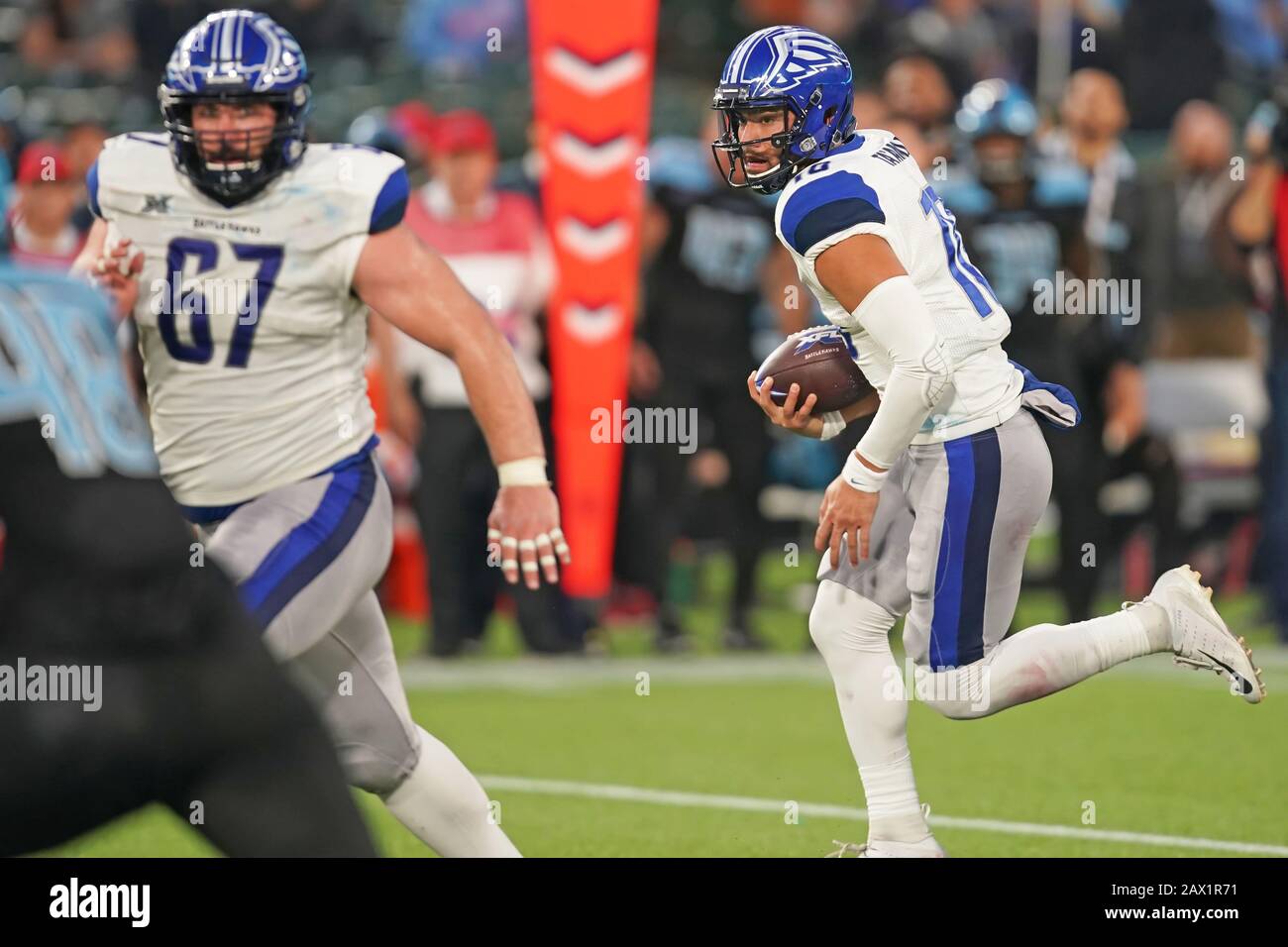 Feb 23, 2020: St. Louis Battlehawks quarterback Jordan Ta'Amu (10) gets  ready to throw a pass during pregame of the game where the NY Guardians  visited the St. Louis Battlehawks. Held at