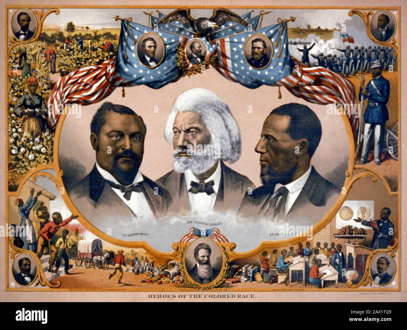 1881  , USA : The U.S.A. President ABRAHAM LINCOLN ( 1809 - 1865 ). Heroes of the colored race Head-and-shoulders portraits of Blanche Kelso Bruce , Frederick Douglass , and Hiram Rhoades Revels surrounded by scenes of African American life and portraits of Jno. R. Lynch, Abraham Lincoln , James A. Garfield , Ulysses S. Grant , Joseph H. Rainey, Charles E. Nash, John Brown , and Robert Smalls.Phila. : Published by J. Hoover, 1881,  1883 .chromolithograph -  Presidente della Repubblica - Stati Uniti -  USA - ritratto - portrait - Abramo - GUERRA CIVILE  DI SECESSIONE - SECESSIONISM WAR CIVIL - Stock Photo
