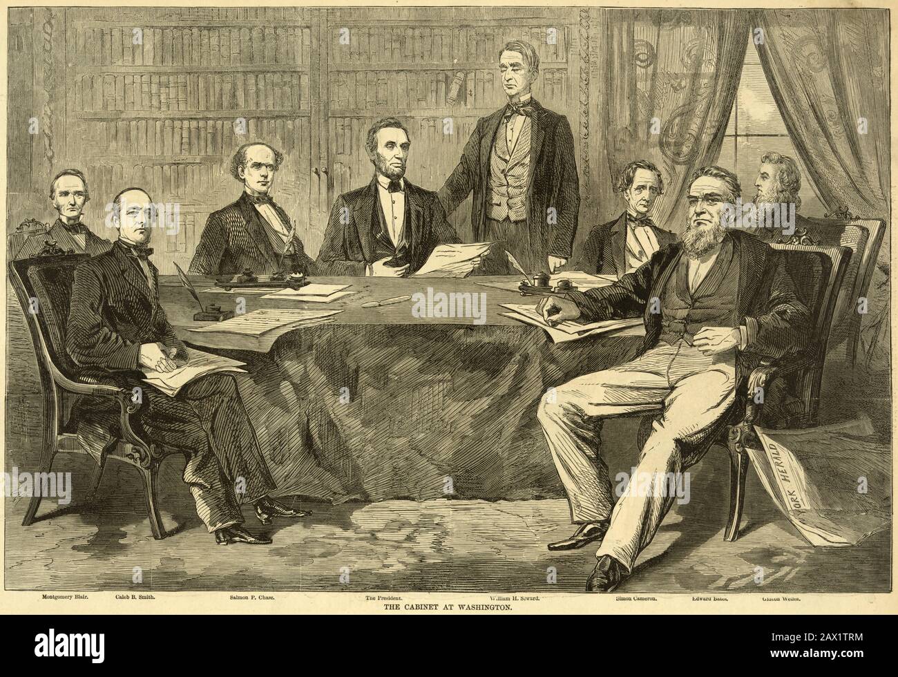 1861 , USA :  The cabinet at Washington. From 'HARPER'S WEEKLY'  13 july 1861 .  The U.S.A. President ABRAHAM LINCOLN ( 1809 - 1865 ) . Print showing Abraham Lincoln President , signing the CONSTITUTION OF THE UNITED STATES OF AMERICA  . Print showing Lincoln with Montgomery BLAIR ( 1813 - 1883 ), Caleb B. (Caleb Blood) SMITH (1808 - 1864), Chase, Salmon P.--(Salmon Portland) CHASE (1808 - 1873 ), William Henry SEWARD (1801 - 1872 ), Simon CAMERON ( 1799 - 1889 ), Bates, Edward BATES (1793 - 1869 ), Gideon WELLES ( 1802 - 1878 )  -  Presidente della Repubblica - Stati Uniti -  USA - ritratto - Stock Photo