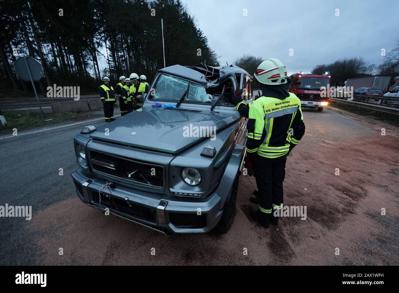 10 February 2020 Rhineland Palatinate Ransbach Baumbach An Off Road Vehicle With A Slit Roof Is Parked On The A48 Motorway Shortly Before The Dernbacher Dreieck An Articulated Lorry Loaded With Earth Had Broken Through