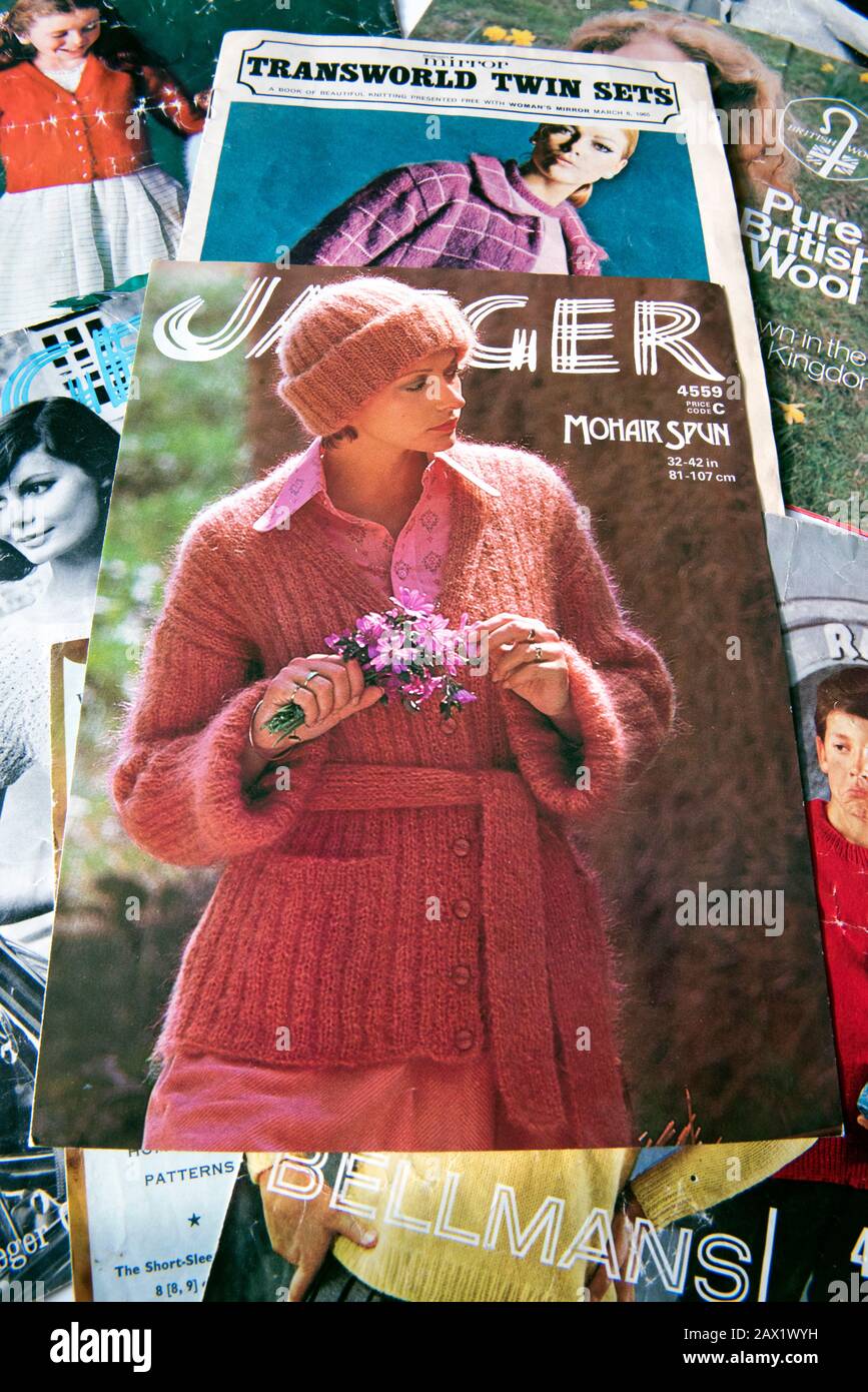 Jaeger Mohair Spun knitting pattern showing lady wearing long cardigan.  Editorial use only. Stock Photo